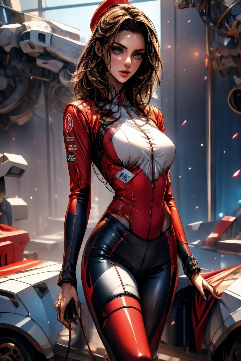 a gorgeous woman, brown hair, red bodysuit, navel, cleavage cutout, mechanical antenna interface headset, looking at viewer, photorealistic, 8k, hyperdetailed, dramatic lighting, cinematic, elegant, striking pose, intricate details, beautiful woman, realistic skin, beautiful eyes, sharp focus, vibrant colors, dynamic composition