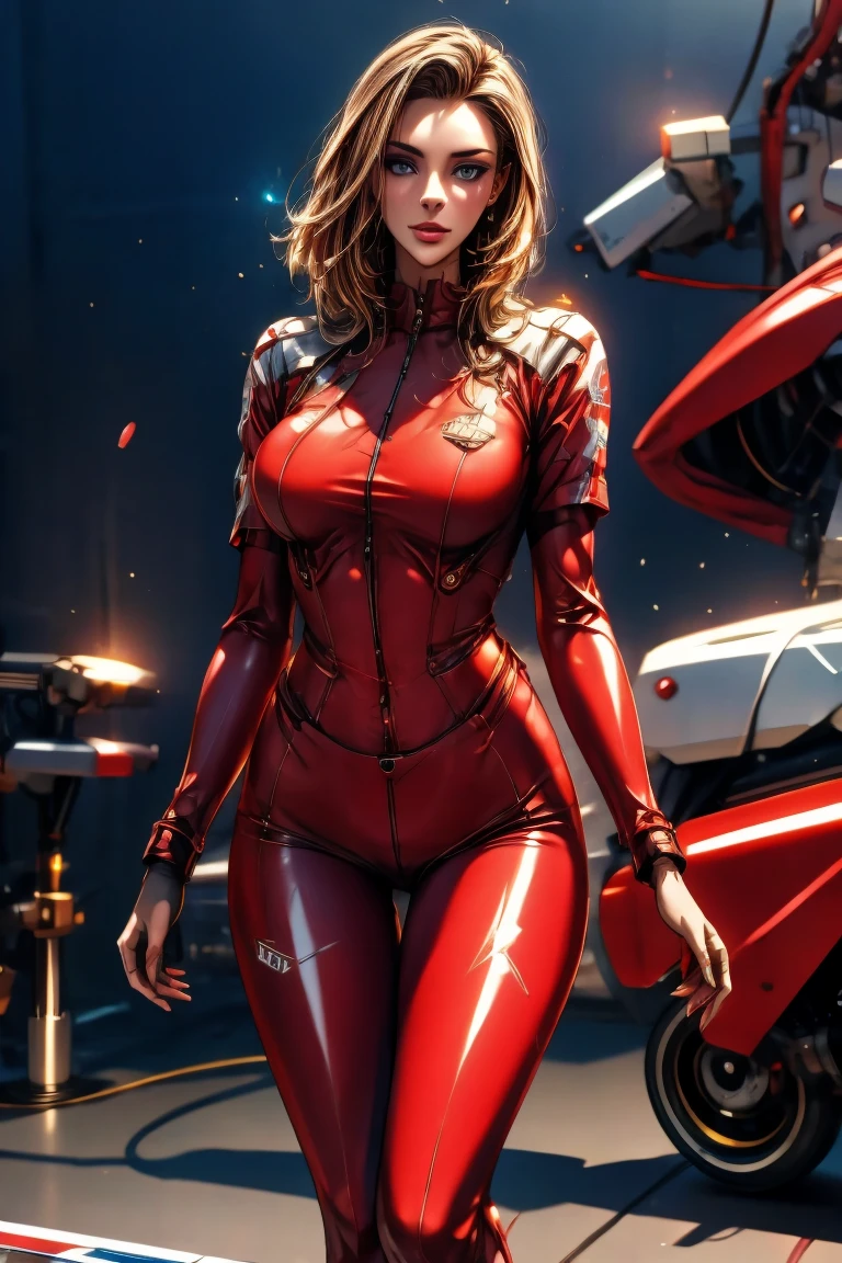 Best quality, 8K, woman vintage super hero, beautiful and detailed face, red curly long hair,big eyelashes,LOOKING TO observer,silver metalic armour over TAN bodystocking, black belt,sci-fi RETRO SPACESHIP scenario