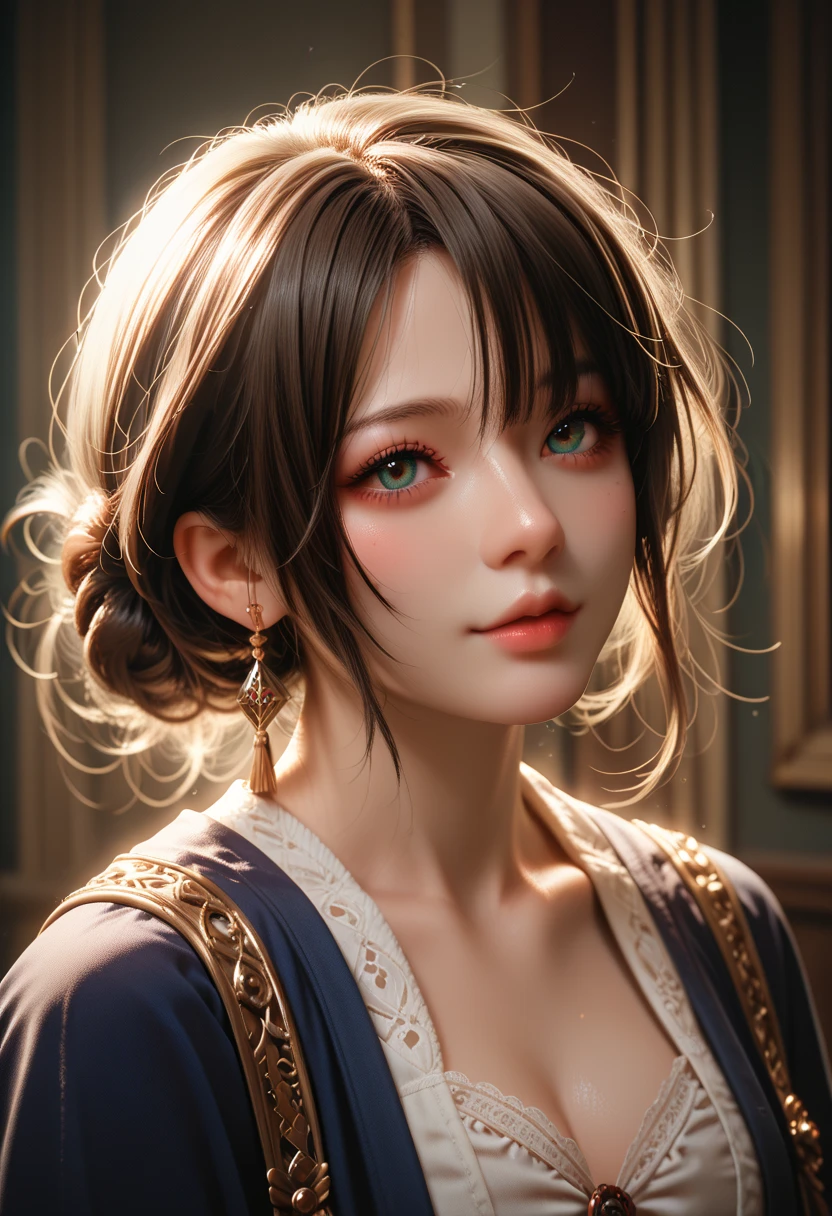 a girl portrait at  Tailor's Shop, detailed intricate, Russian, Europe face