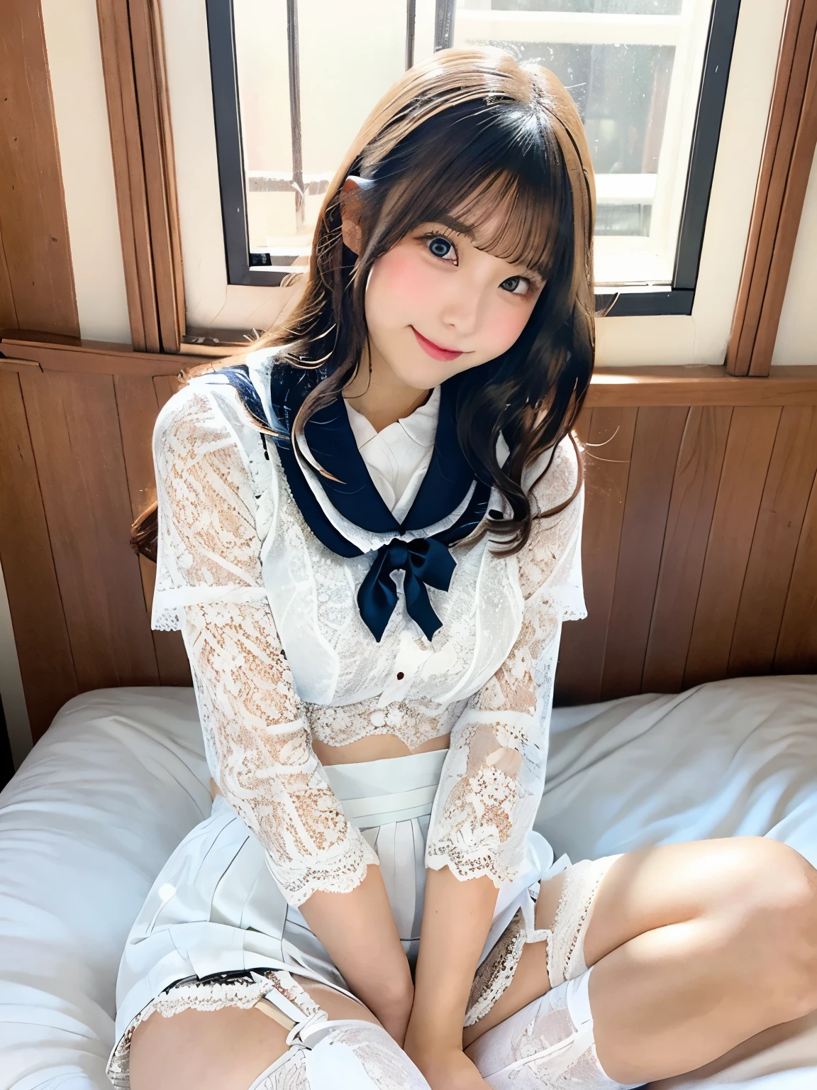 A young Japanese woman, 18 years old, sitting on a bed in a dimly lit room, with a light grin on her face and feeling a little shy but optimistic and sunny. She has a pale, smooth complexion, fine detailed eyes, and a detailed face with dark brown eyes. Her long, smooth legs and large, round chest are accentuated by a white, translucent blouse with a bow tie and a navy blue skirt. She wears white ankle socks, but does not wear panties, and her clothes are slightly worn at the edges. The overall lighting is realistic with bright highlights, backlight, and face lights, creating a cinematic, high-quality, and photorealistic effect.