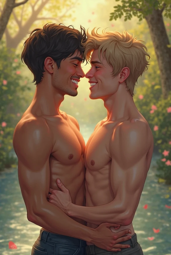 Handsome muscular blonde shoulder length hair man with elf ears and cerulean eyes wearing a white translucent silk robe kissing a naked muscular shirtless handsome ginger haired man, leaning on the roots of a tree