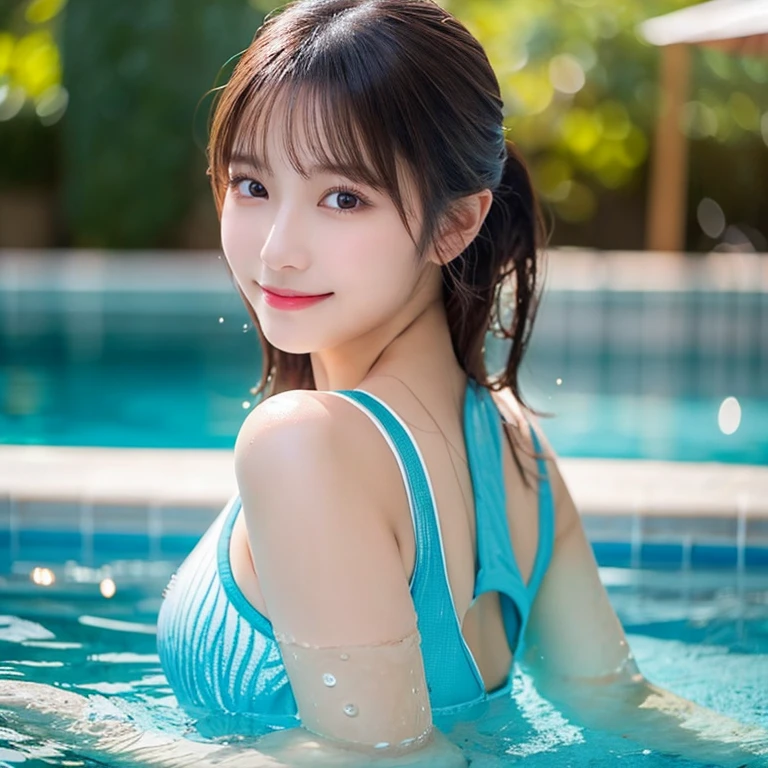 original, (masterpiece), (figure), (Beautiful and vivid background:1.25), (Depth of written boundary:0.7), Highest quality, shape, Very detailed, High resolution, 8k wallpaper, Perfect dynamic composition, Ultra detailed face, Natural Lip , Cleavage, (The eyelashes on both eyes are equal and beautiful.), (looking at the camera), (smile), whole body, (Overseas hot springs, With his arms outstretched, he is bathing in the water from the fountain),