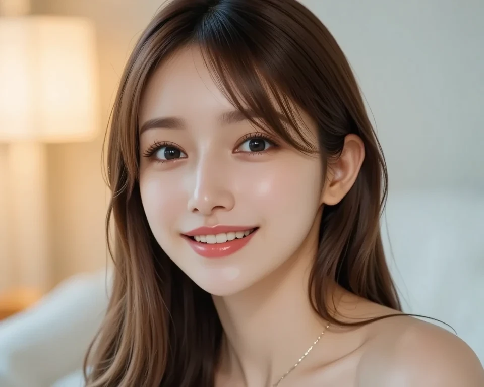 ((A close-up frontal photograph of the face of a 24-year-old Japanese woman)) (Her long bangs, which reach down to her eyes, are neatly trimmed..) ((highest quality)), ((masterpiece)), (be familiar with), perfect face (Highly detailed 8K) (Stable diffusion model) (Her skin is a typical Japanese skin color.、Very detailed.) dynamic lighting (Her hair is very shiny, shiny, Fine and detailed.、And as beautiful as silk) (She is wearing pure white shiny lingerie.) (Her face is slim and dignified.., long slit eyes..々nice face) (Her bangs are neatly trimmed) professional lighting (She looks at the viewer with a shy smile) (She has perfect beautiful makeup Lipstick is light red A solid eyeliner)