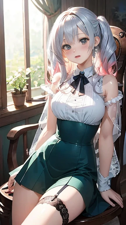 3DMM Style, (masutepiece, Best Quality), Intricate details, 1girl in, Solo, Green hair, flower hair clip, Green dress, Looking at Viewer、Full-body figure、simple background、Standing、(skirt rift)、(Skirt lift in high winds)、(Lace pantie)、((lace panties total))、Detailed lace panties、(I can see my panties)、((The pants are quite transparent))、((Through the pantiesオマンコ))、Very realistic body、(extremely lifelikeオマンコ)、 Papillae visible through clothes、(Camel toe through panties)(I can see panties)、Through the pantiesオマンコ、 Visible through the dress、((((she is sticking out of her dress..))))、、(((((Areolas are coming out of the dress)))))、(((((Nip slip)))))、Cameltoe、((((Focus on))))、(オマンコPanties that bite into)、(Panties are biting)、clear camel toe、Through the pantiesオマンコ、オマンコI can see the line、Pubic hair of the same color as the hair、(((((I can see green pubic hair)))))、(((Lots of pubic hair)))、life-likeオマンコThe shape of the