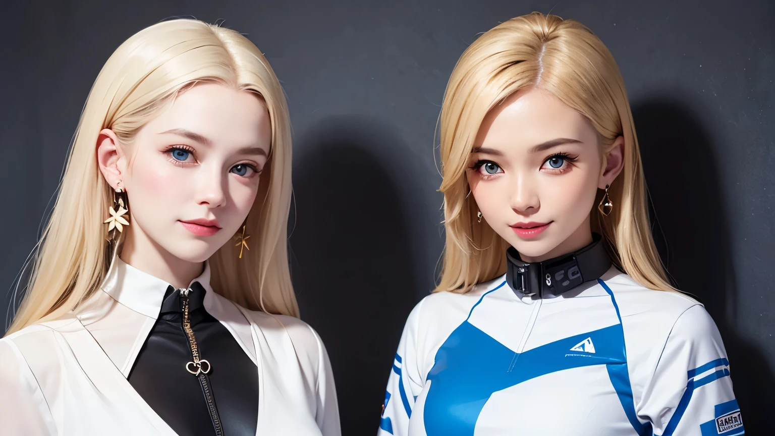 A wall with a triangular pattern、two beautiful young and beautiful blond women with platinum blond hair stand apart、A beautiful twin beauty wearing a white blouse with a collar laughing 、ung and beautiful blond white beauties in android suits、An 18-year-old wealthy young and beautiful twin woman laughing, blond and blue eyed, Blue eyes and blonde hair, 2 blonde women in white blouses with collars stand apart, blonde hair blue eyes, blond and blue eyed,, 襟のファスナーが首元まで閉じているHigh Neckのデザイン,A cyber suit that covers the whole body, High Neck, 2 blonde women in white blouses with collars,smile、beautiful luxurious earrings with overlapping triangles、 blue eyes are blue and moist ,gorgeous triangle necklace、2 rich, young and beautiful blond beauties、High Neckのインナー、 Blue Nail Polish 、realistic textured skin、16k,ultra high resolution,high quality、 Open Your Mouth and Laugh、smile、full body image、Focus on the two beautiful blonde beauties in the frame