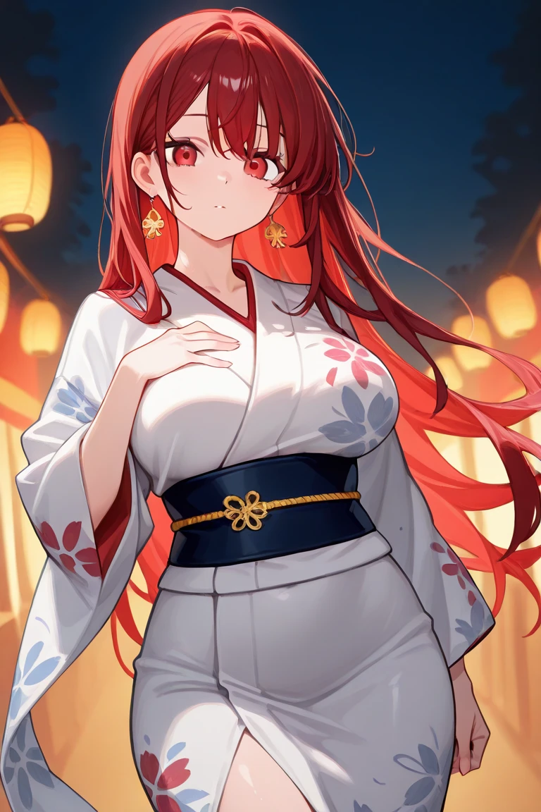 best quality, masterpiece, highres, solo, {yukata:1.40}, {kimono:1.20}, {surtr_arknights:1.15}, red_hair, long_hair, horns, purple_eyes, bangs, breasts, hair_between_eyes, upper_body, cleavage, demon_horns, very_long_hair, medium_breasts