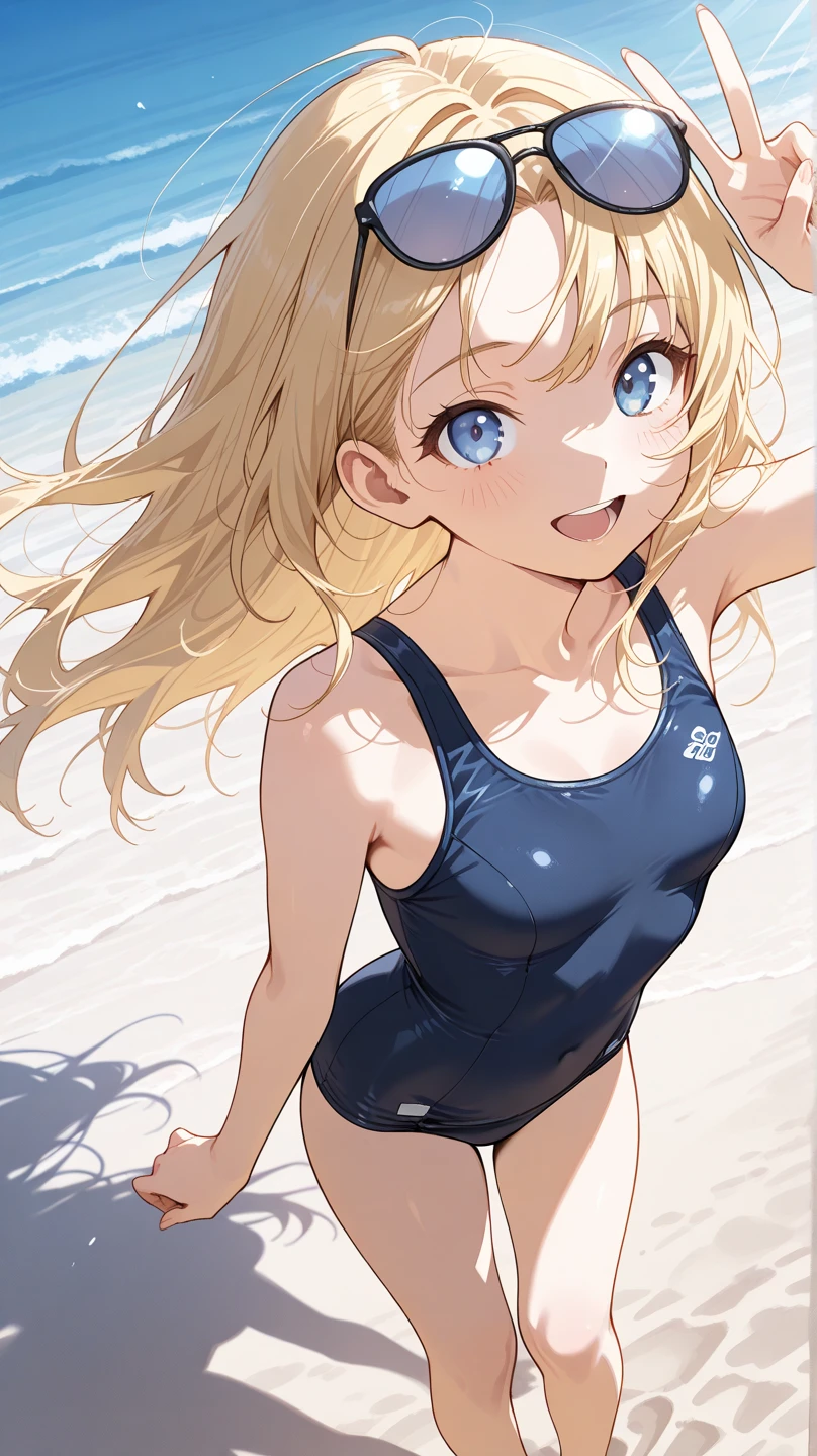 (((masterpiece))),best quality,girl,smile face,outdoor, floating blond hair,blue eyes,very good day,having fun,at the sea,swim wear,solo,sunshine,wet hair,wet body,resort,eyes are shining,