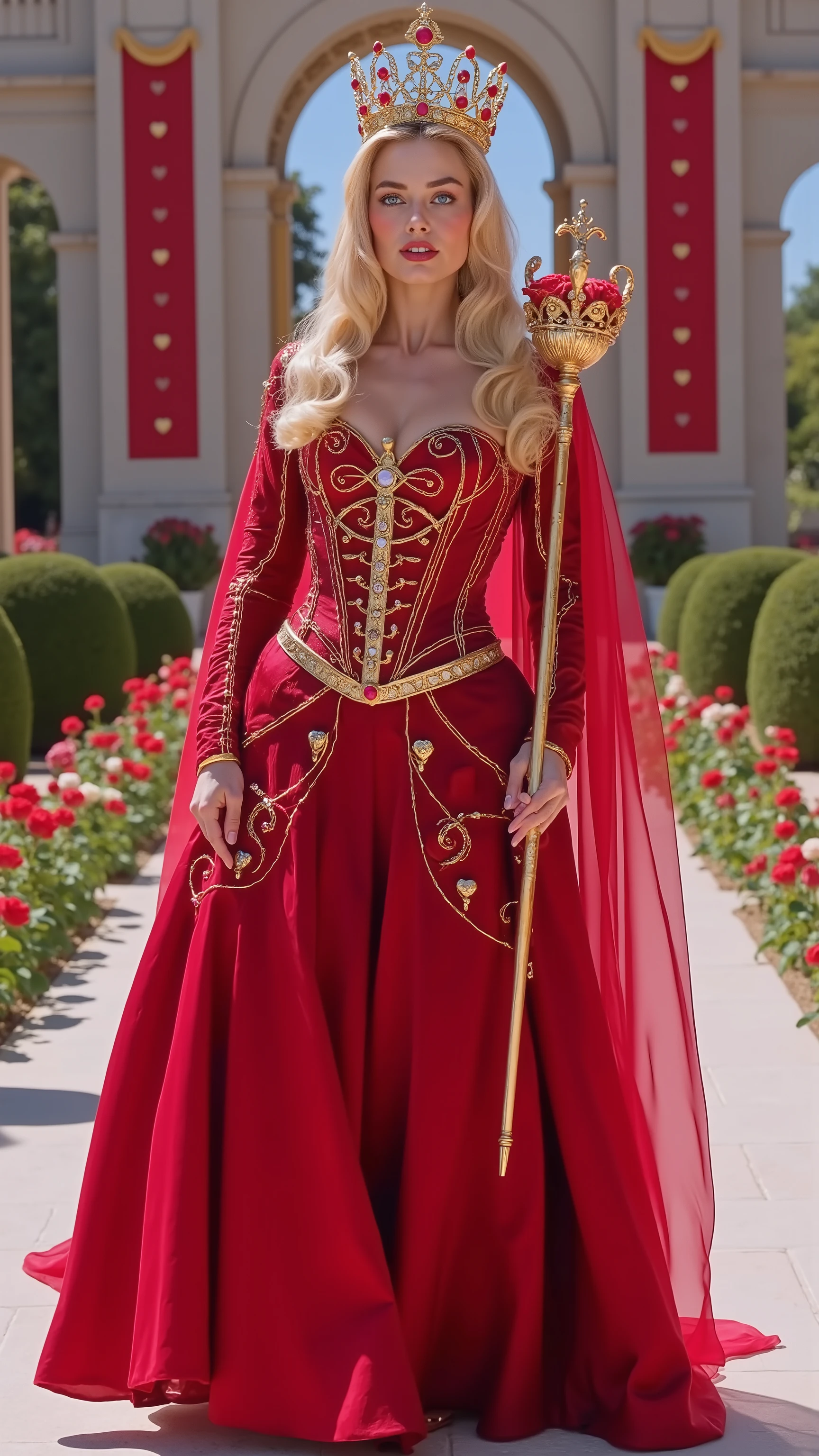 Margot Robbie reimagined as Queen of Hearts walking and holding a golden scepter, dramatic atmosphere, 1 female, full figure, full body, Long,
Long, wavy golden-blonde hair cascades down her back, partially styled into an elegant braided crown woven with thin strands of red silk. She has blue, vivid and piercing eyes. A high, pointed diadem made of red gold on her head, adorned with a central radiant ruby and smaller sparkling diamonds, shaped into intertwined hearts and vines.
She wears an ultra-luxurious crimson gown made from layered silk and velvet, richly embroidered with golden heart and rose motifs along the bodice and skirts. The fitted bodice is encrusted with rubies and small diamonds forming delicate floral patterns. Puffy silk sleeves taper elegantly into tight golden cuffs studded with miniature ruby hearts.
A wide, ornate golden belt rests at her waist, adorned with large rubies and intricate filigree in swirling heart patterns. Draped over her shoulders is a regal crimson velvet cape, lined with gold satin, fastened by a heart-shaped brooch crafted from gold and encrusted with rubies.
In her right hand, she holds an elegant golden scepter topped with an ornate heart-shaped ruby surrounded by delicate golden thorns and leaves.
Big breasts、 alluring 、shows her female character's full figure, athletic body, perfect face, full body, extremely beautiful, goddess, female shape, perfect anatomy, the background shows a magnificent rose garden courtyard. Massive red and gold banners bearing heart emblems sway from marble archways. Fountains shaped like open roses over marble pools. White stone pathways wind between rows of blooming crimson roses, and tall golden gates rise behind her. a bright blue sky, sunny day, photorealistic, masterpiece, realistic, high contrast, 8k, HD, high definition detailed, detailed, hyper detailed, realistic skin texture, best quality, ultra high resolution, hyper realistic, no text, very detailed eyes, dramatic lighting