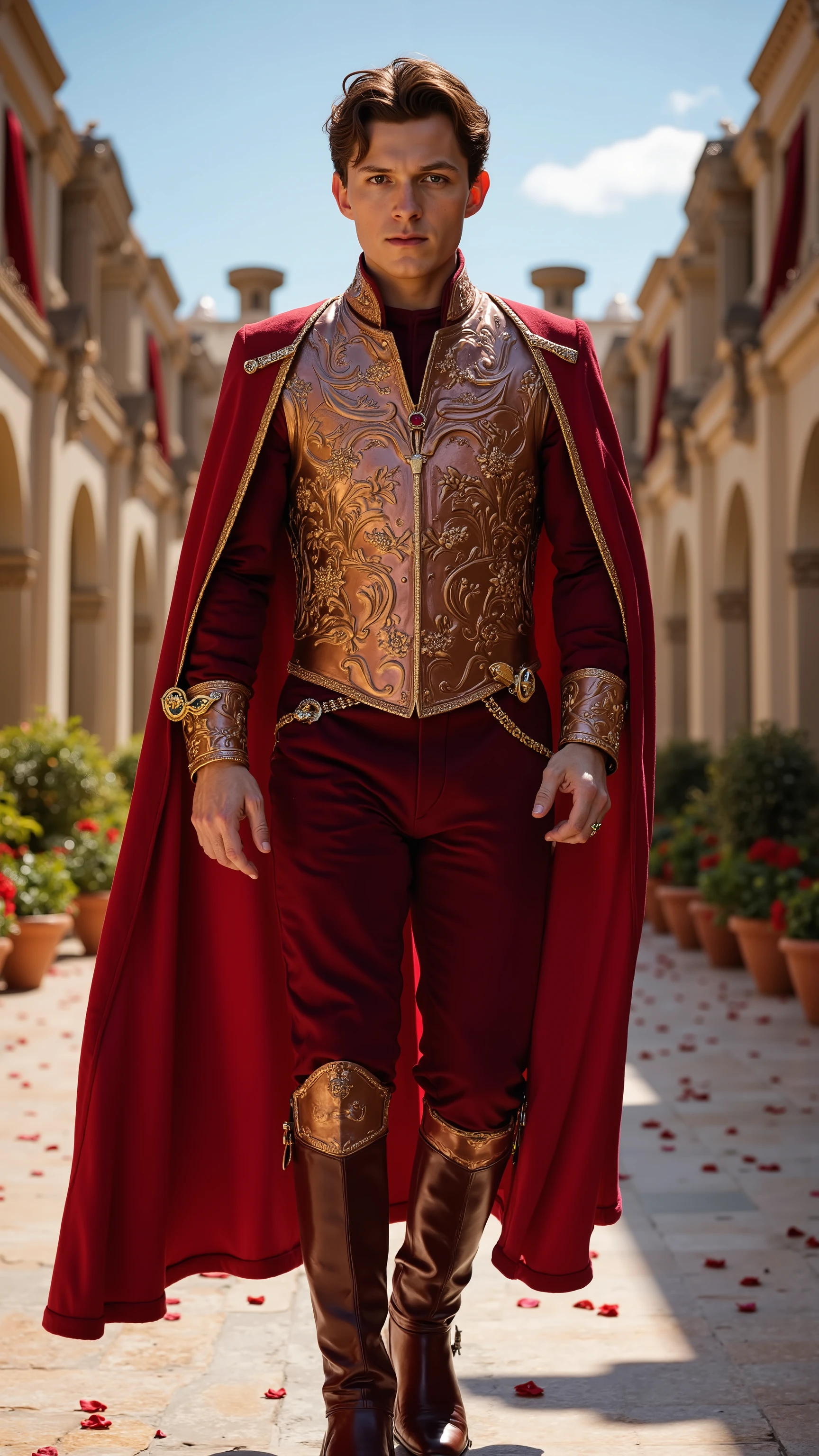 Tom Holland reimagined as Jack of Hearts walking and holding a slender rapier, dramatic atmosphere, 1 male, full figure, full body, 

Short, slightly tousled chestnut-brown hair with a natural, youthful look. 

He wears an ultra-luxurious fitted tunic made of deep crimson silk, embroidered with fine golden heart and vine patterns across the chest and sleeves. Over it, a lightweight armor vest of polished rose-gold metal covers his torso, engraved with swirling floral and heart motifs, and studded with small rubies.

A slim, embroidered crimson leather belt wraps his waist, fastened with a gold buckle shaped like a blooming rose. His trousers are crafted from dark red velvet, tucked into knee-high polished leather boots adorned with golden vine embroidery along the cuffs.

A short crimson silk cape trimmed with gold thread flows from his shoulders, fastened by a small heart-shaped gold brooch set with a central ruby.

In his right hand, he holds a slender rapier with a rose-gold hilt shaped like an open heart, encrusted with rubies along the guard.

,shows his male character's full figure, athletic body, perfect face, full body, extremely beautiful, god, male shape, perfect anatomy, the background features a sunlit palace courtyard framed by marble archways draped in flowing crimson banners. Lush gardens of blooming red roses and gold-trimmed fountains stretch into the distance. The sky above is a brilliant blue, and soft breezes stir petals across the shining marble pathways., sunny day, photorealistic, masterpiece, realistic, high contrast, 8k, HD, high definition detailed, detailed, hyper detailed, realistic skin texture, best quality, ultra high resolution, hyper realistic, no text, very detailed eyes, dramatic lighting