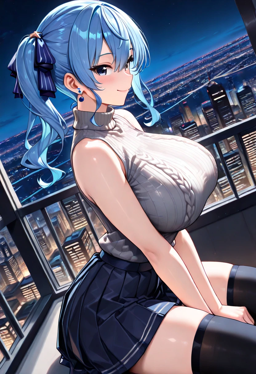 Highest quality、8K、(White Bunny Girl)、Fishnet tights、High heels、Bunny Suit、View Viewer、((Angle from the breast))、((Boob Emphasis))、On all fours、((Place your elbows on the floor))、((Attach your cheeks to the floor))、smile、Futuristic Living Room、indirect lighting、Room with houseplants、From the window you can see the valley between the city buildings、Night view、Silver short hair、Beautiful eyes、Beautiful Face、Delicate eyes、((Very long nipples))