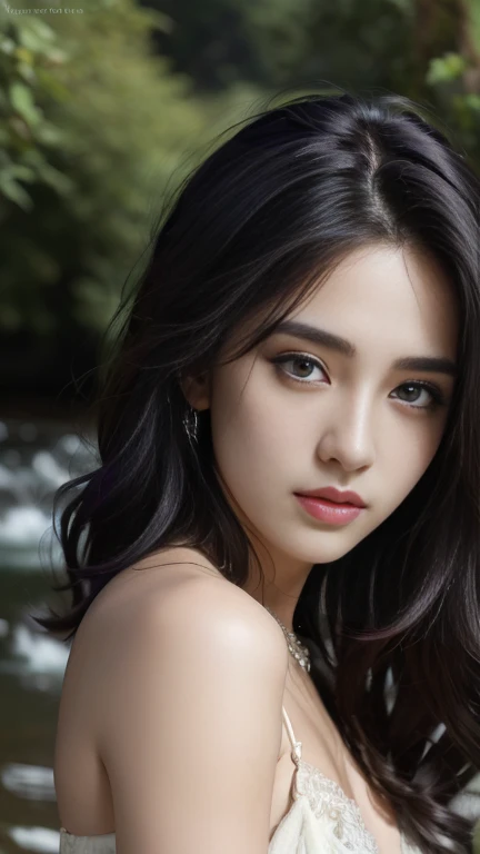RAW, professional photograph, medium shot, photorealistic, realistic lights, realistic shadows, hyper-realistic, ray tracing, super detail, UHD, 8k, female, athletic body, soft facial features, long hair, straight hair, cyan hair, cyan eyes, long white dress, ruby necklace, glass art, mosaic, stained glass