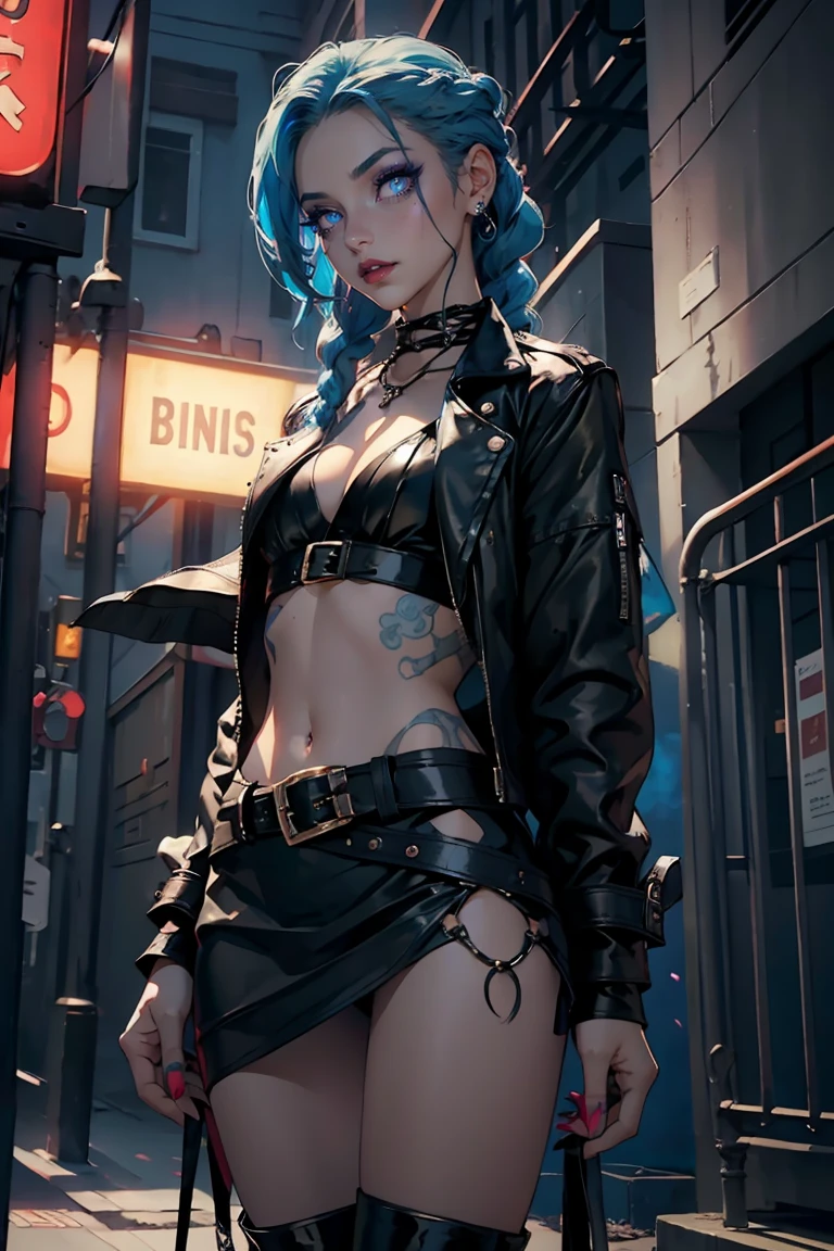 1girl, solo, long hair, breasts, looking at viewer, bangs, blue eyes, skirt, large breasts, thighhighs, long sleeves, navel, cleavage, hair between eyes, closed mouth, underwear, blue hair, standing, collarbone, panties, full body, ponytail, red hair, multicolored hair, boots, open clothes, shoes, choker, midriff, belt, black thighhighs, indoors, miniskirt, black skirt, stomach, black footwear, two-tone hair, streaked hair, coat, crop top, v-shaped eyebrows, thigh strap, ass visible through thighs, black choker, pantyshot, pencil skirt, black belt, open coat, black coat, taut clothes, tube top, with the word "Kali Linux" written on her outfit, servers and computers are visible in the background in a cyberpunk-style environment, featuring neon lights, futuristic buildings, and a high-tech urban atmosphere.