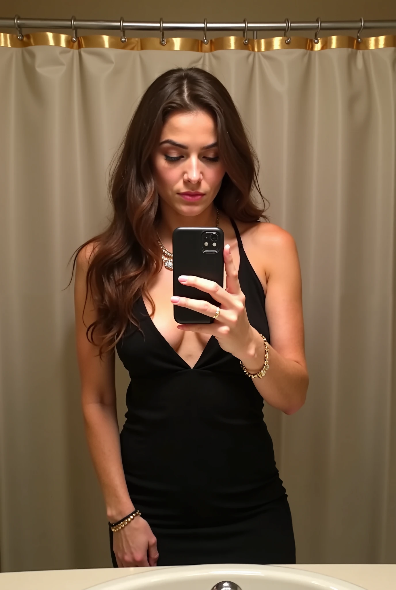 There is a woman who is looking at a cell phone, wearing a green spaghetti-strap t-shirt, lower angle, full figure close up, extremely hot and sexy, partially cupping her hands, touching her clothes, 40-year-old woman.
She is wearing a green t-shirt.
She is a beautiful woman, with white skin and dark brown hair. She is about 45 years old, 165 cm tall and weighs 56 kg. She has a perfect mouth, a perfect face. Her body exudes glamor and her face is a definition of beauty. Slender body, thin waist. Highly realistic, hyperrealism, very elaborate skin, perfect face. Clear photo, high resolution, high quality, masterpiece, 16K photo, high contrast, masterpiece, NUDE, NUDITY, NFSW.