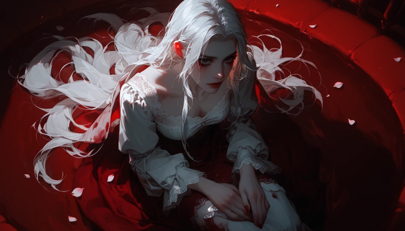 ((Masterpiece,Best Quality)),1 girl,Beautiful detailed eyes, detailed face, (whole body:1.2), long white hair, Red eyes,small size breasts, (black background:1.2), bloody particles, shading face 