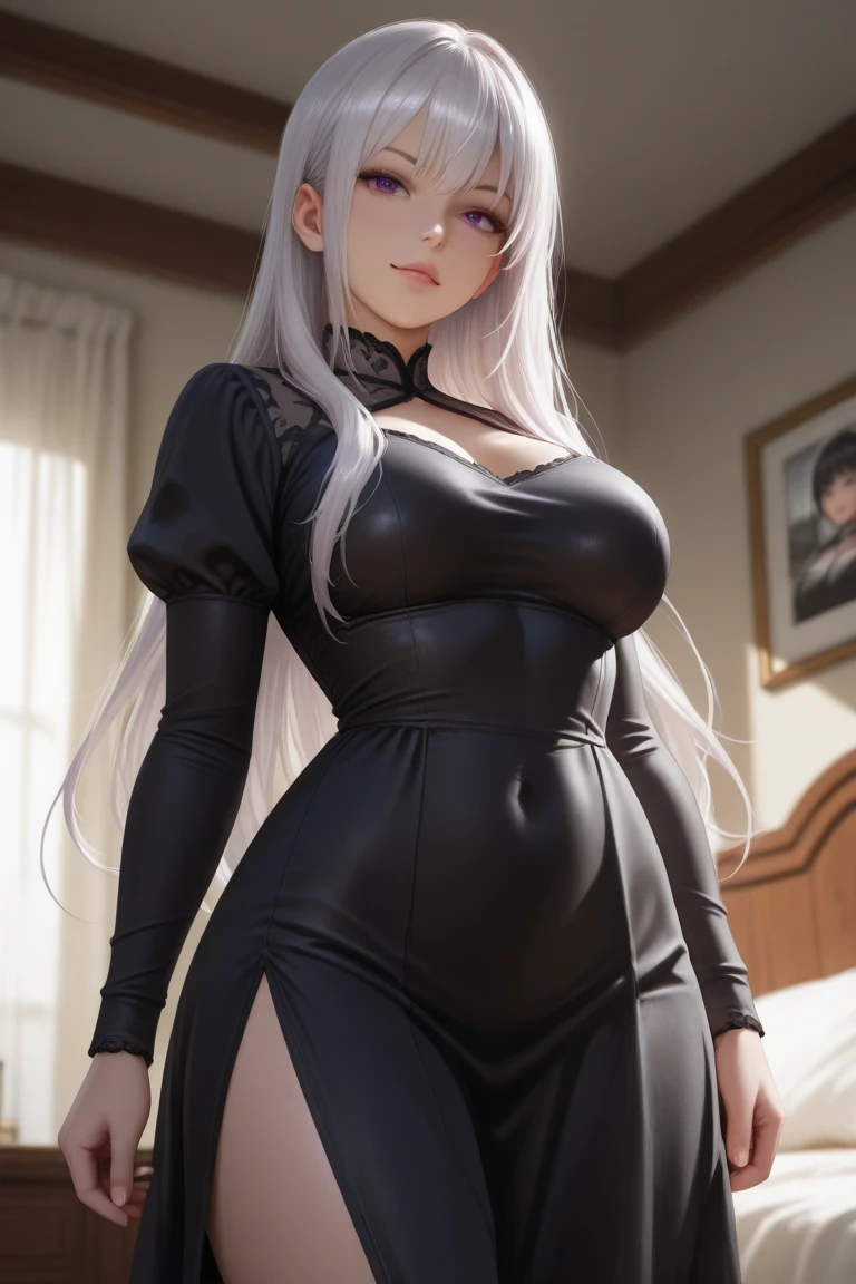 ((Masterpiece)), ((perfect quality)), ((UHD)), ((best quality)), ((photorealistic)), ((high quality)), ((detailed)), yorha 2b, white hair, beautiful, very beautiful face, perfect face, figure: (very chubby, wide waist, very full body, very curvy, very thick, chubby belly bottom, full body photo, big deep navel, curvy, sexy, thunder thighs, (belly bulge)), clothes :(tight black short dress, blindfold, black tights)