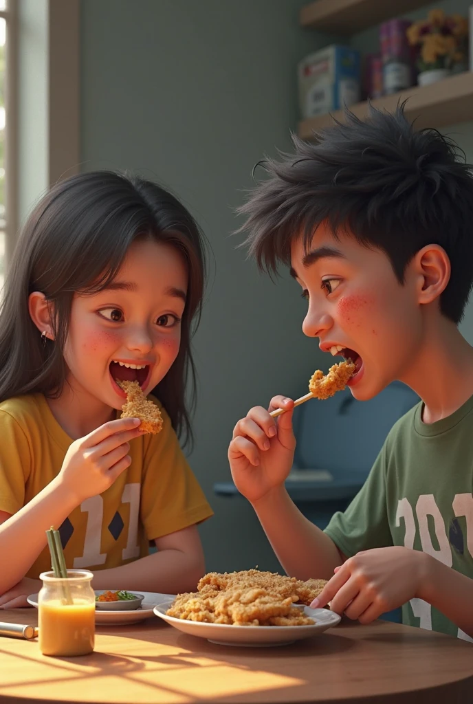 ((best quality)), ((masterpiece)), (detailed), perfect facethere was a boy and a girl who were happily eating spicy food