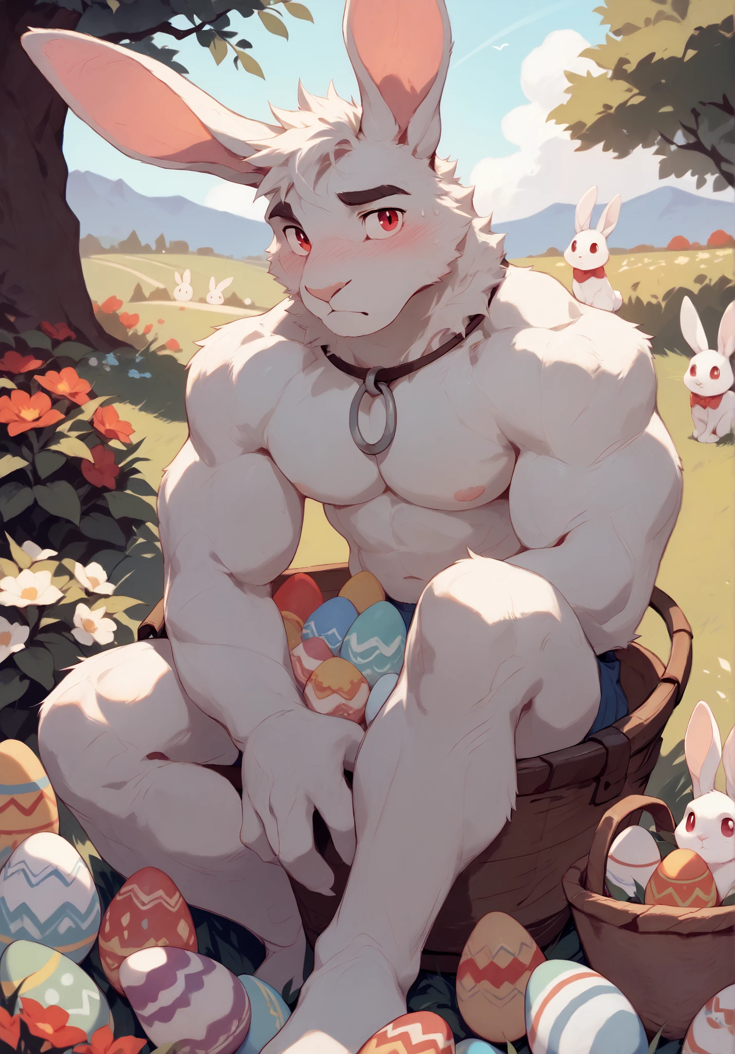 Best Quality, High Quality, Ultra High Resolution,Delicate Eyes, Exquisite Face ,White Rabbit,Backyard Meadow,garden,face red,sitting,thin,精thin,18 years old ager,nipple,red eyes,fluffy fur,(alone),5 Fingers,shy,Easter Egg,Null-Ghost,Arashi Takehoto,