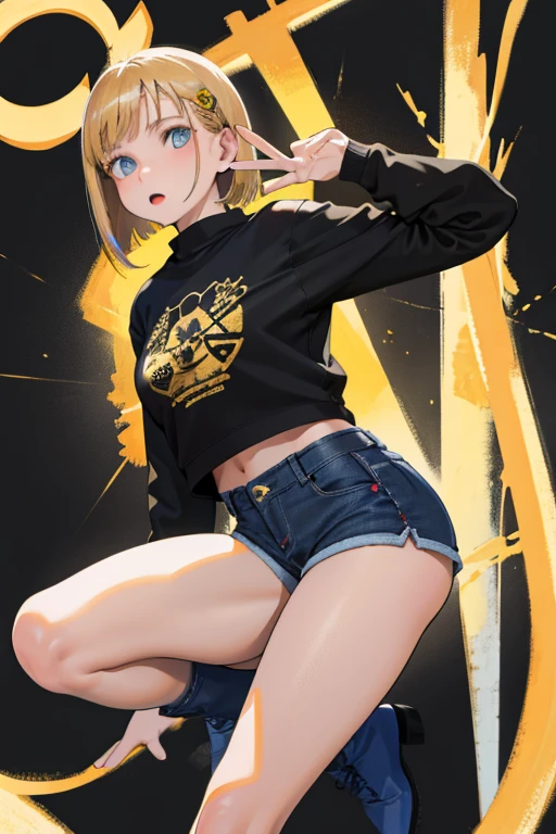 she has fair pale skin, and short blonde hair. she has big blue eyes and pale peach lips, Her accessories consist of a fluffy tiger hat with black accents.
Her outfit consists of a red sweater that says "Stripe" in the middle, it also has tiger prints. sHe wears ripped denim shorts , Her shoes is color black with the soles being the same color and white shoelaces, sHe also wears white socks with red and green stripes on it. SPARKLE; GLITTER
