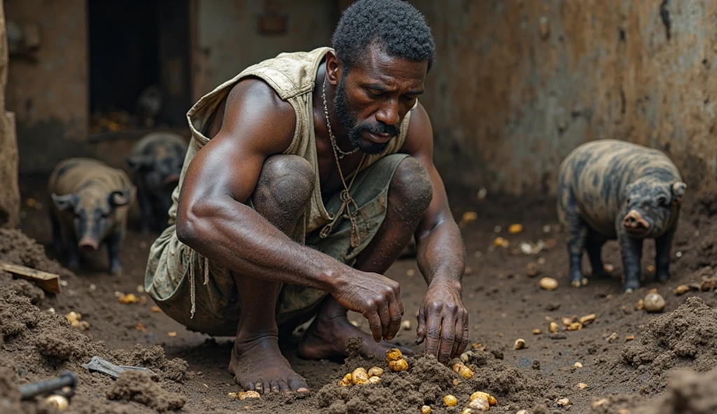 Crying, starved, black slave with ripped clothing, while picking cotton with whip scars on back.