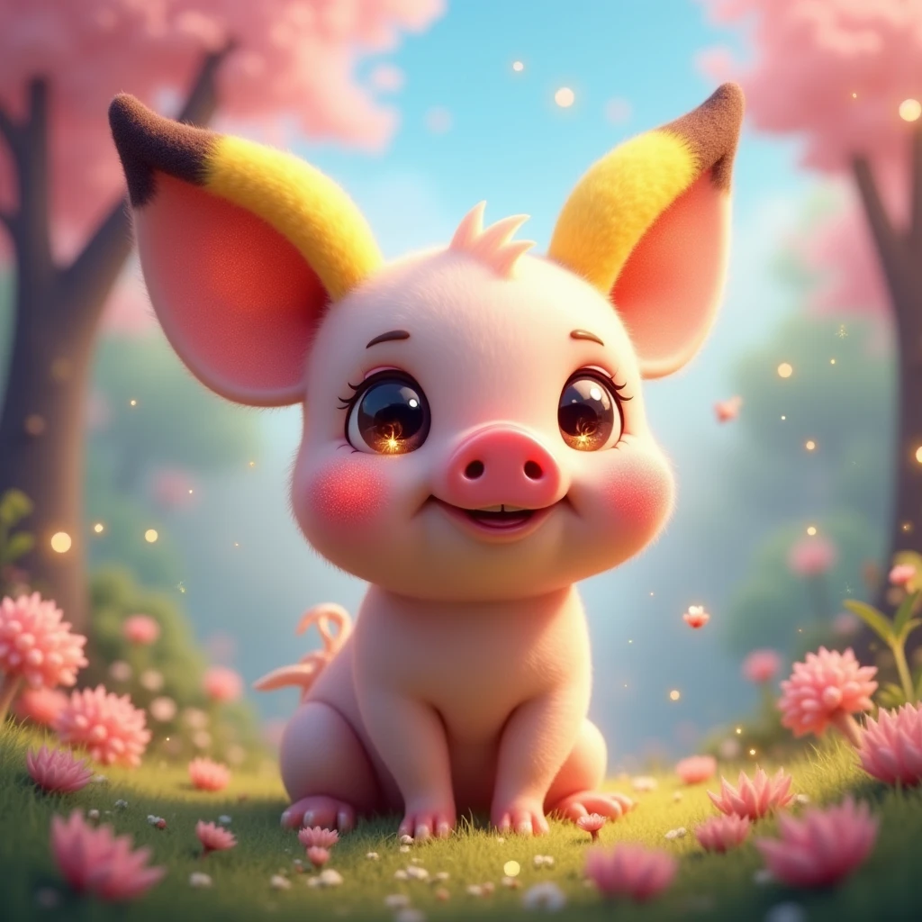 1 little pig、look, big eyes、glitter effect, best quality,  Pikachu's ears, Sparkling Eyes, 3D isometric, 
