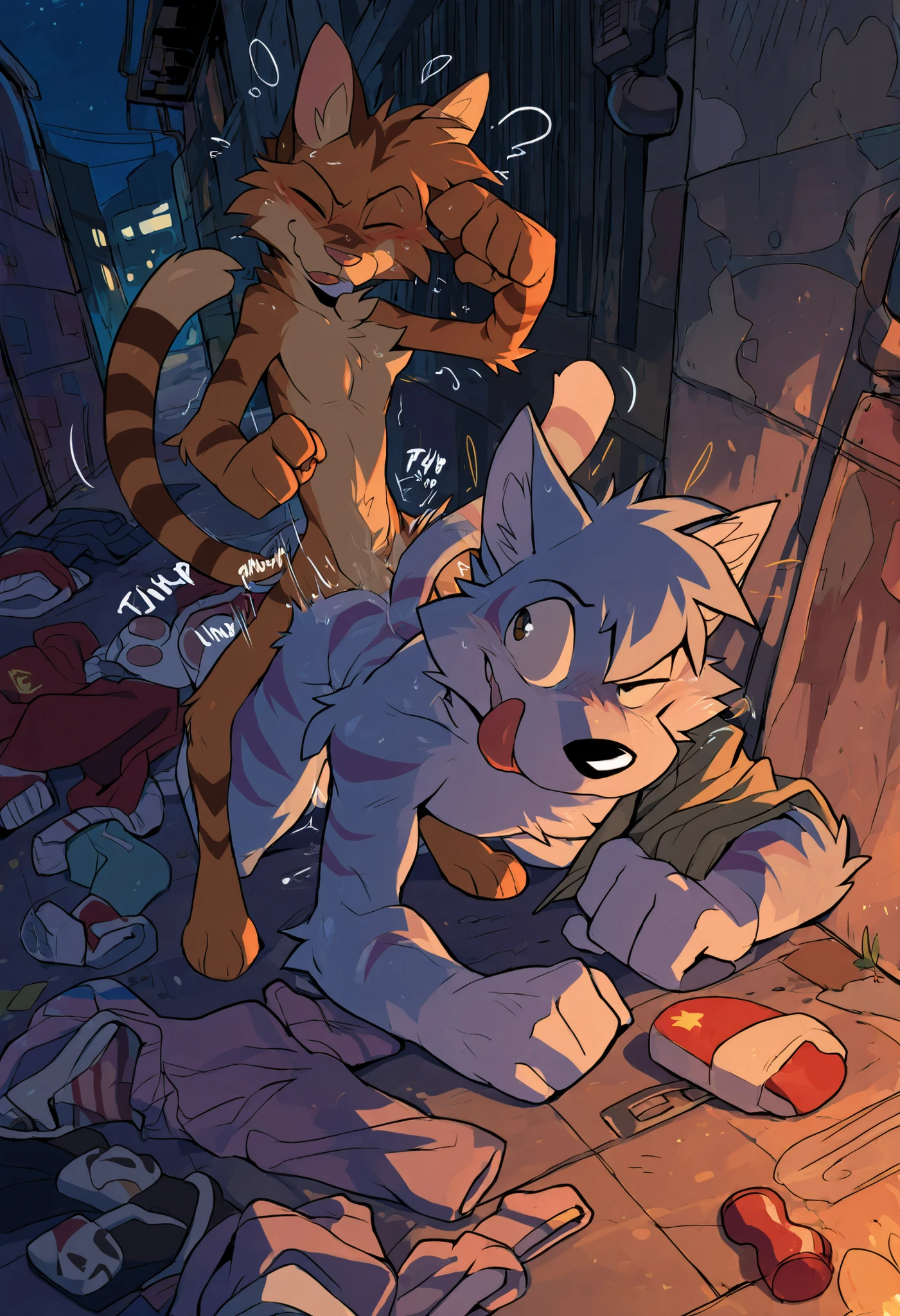 alley cat, male, skinny body type, neck tuff, cute, twinky, fuck on the ass, gay, alley, round eyes, naked, discarded clothes on the ground, licking on the shoulder, fucking effects, thrusting line effects, night, tongue out, dark, perfect, detailed, perfect body type, high resolution, anatomically accurate, detailed eyes, Best quality , Ultra High Resolution, Delicate Eyes , Handsome,由null-ghost,Takemoto Arashi, Handsome,delicate face