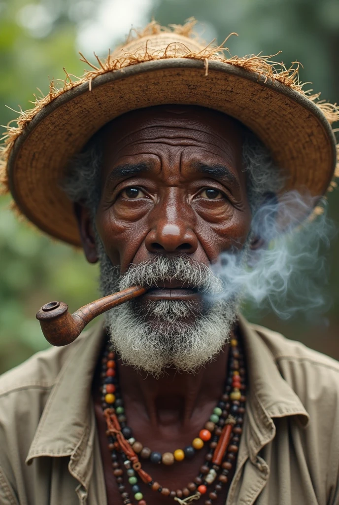 "An aged, expressive face of a black man is the focus of the image. He is wearing a straw hat and holding a pipe in his mouth., from where the visible smoke gently exhales. On the man's forehead, a pyramid with the 'All-Seeing Eye' is engraved, that stands out clearly. The man's expression is wise and profound, and the pipe smoke adds an element of