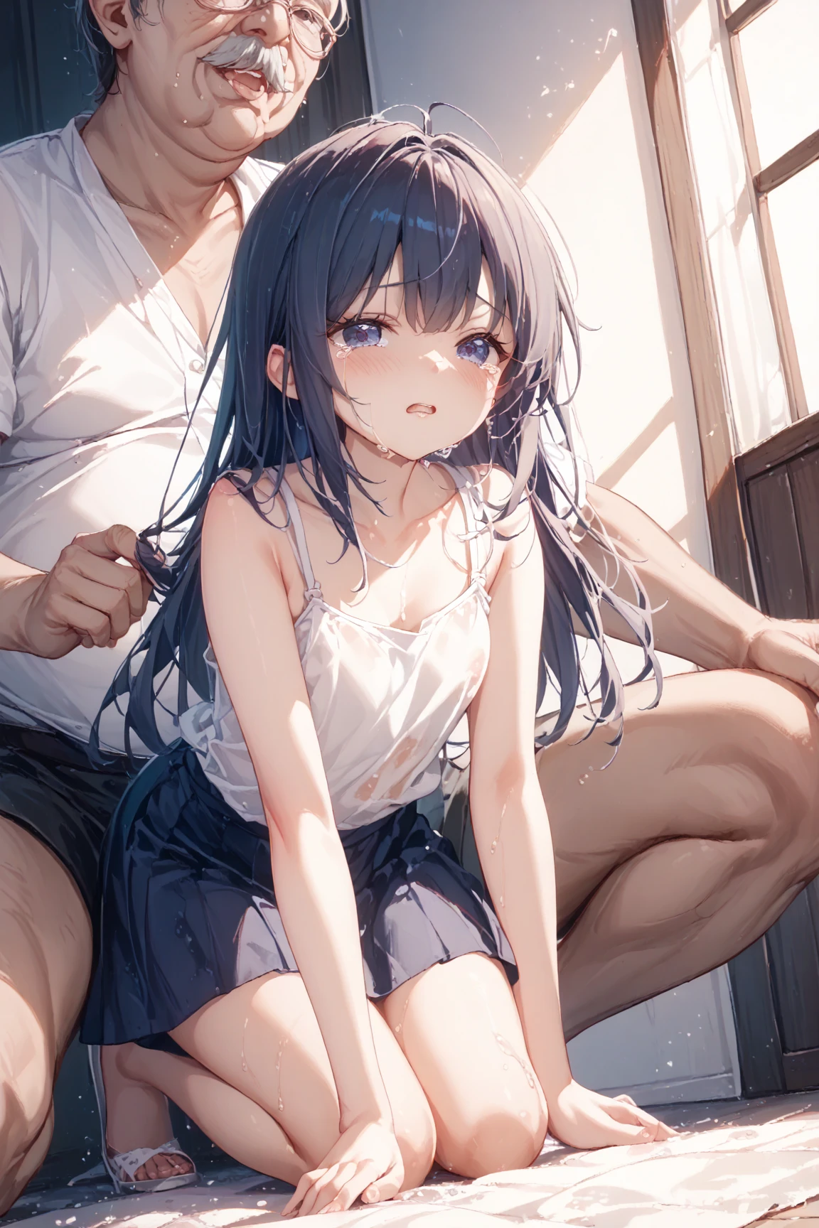 blue eyes, wearing long plain white shirt, high res, ultrasharp, masterpiece, wet shirt, pussy, crowd not notice, sex, mysterious smile, secretly having sex in front of others, denim skirt, tiny girl, very large penis
