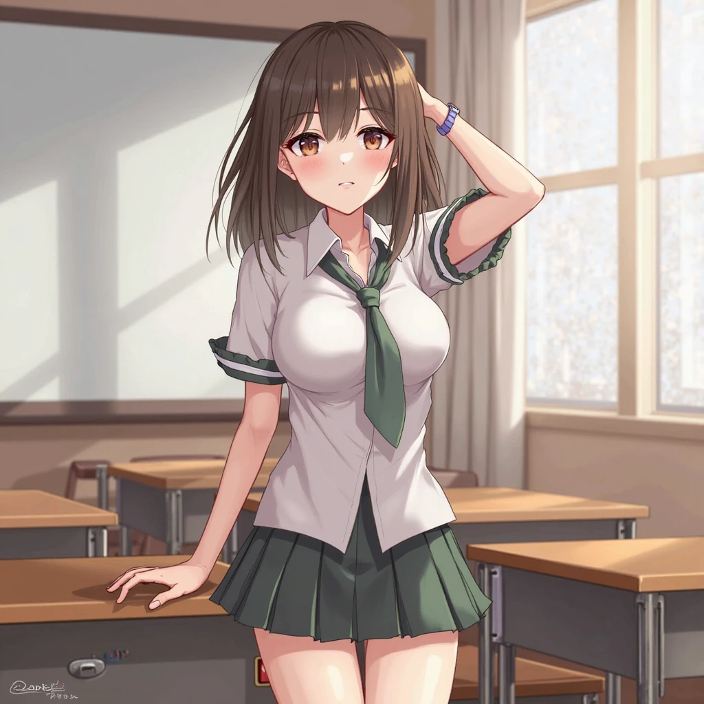 Highest quality, masterpiece, High resolution, alone, (Hiei Kai-2, Fleet Collection:1.15), (Brown Hair), 髪band, (headgear), Non-traditional_Shrine maiden, smile, green_eye, smile, One Girl, green_skirt, Plaid, Plaid_skirt, ribbon-trimmed_sleeve, ribbon_trim, skirt, (indoor, office, living room), alone, smile, Looking at the audience,(White panties), (White bra), (In underwear), (Flashy underwear), (lingerie), 
Structure of the film, Contrasting,Normal chest,Full Bust,thin,Firm stomach,(Normal chest),(Broad breasts:1.3),(Full Bust),Medium breast, Round Breasts ,athlete&#39;s chest,thin, (Curvaceous physique) ,Skinny body ,(Firm stomach)
breathe,Sweat,Wet,Grin, Panty shot
