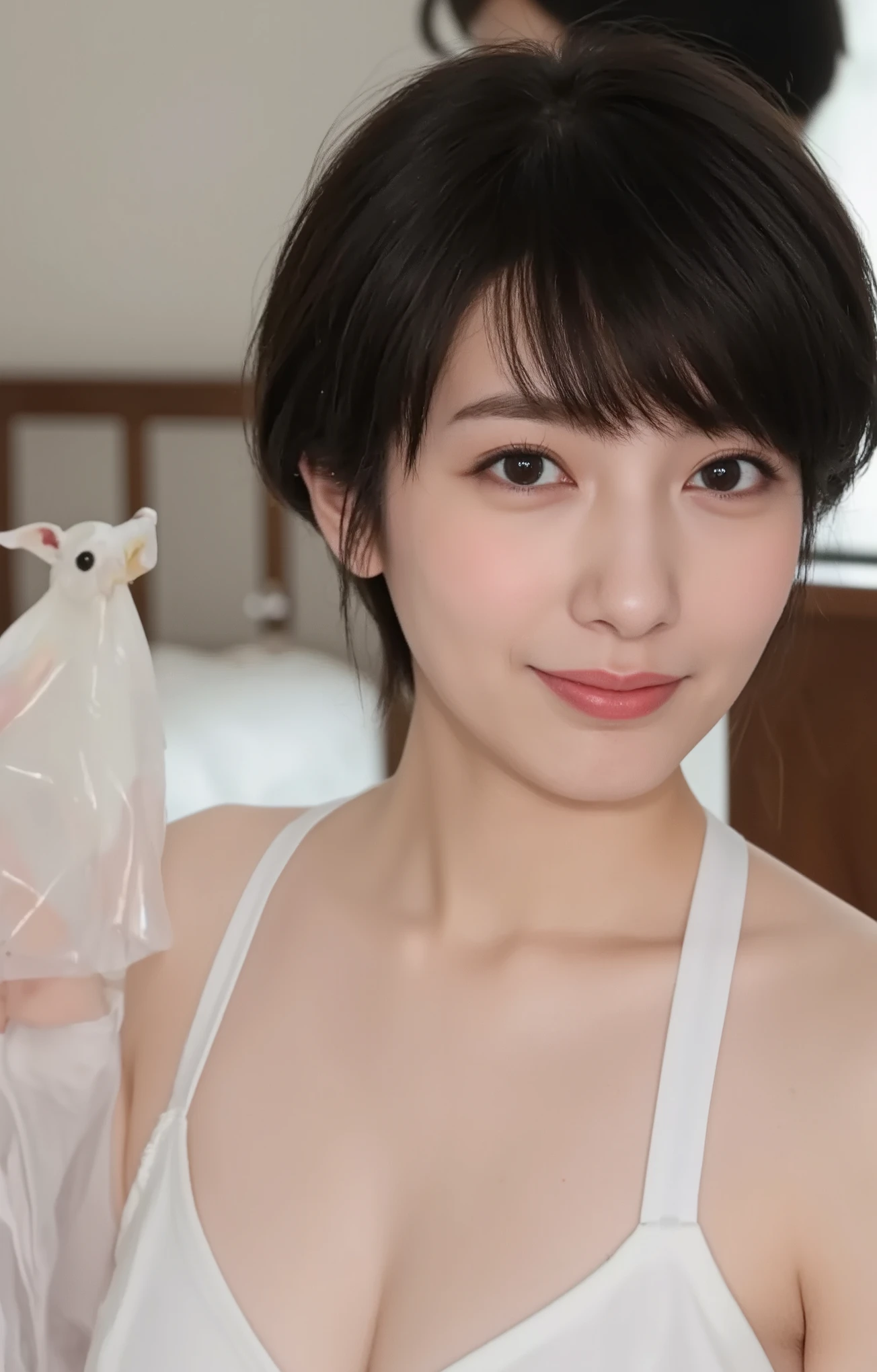 ((mature adult woman wearing a white bra is standing in front with a bra on)),beautiful black hair, realistic person images in dark waters,Realism,best quality,mastepeice,best quality,best quality,highest resolution,fine details,Beautiful detailed face,black eyes,realistic skin, Exact Upper Body,Realismのある肌,smiles,(( oversized breasts)),In a typical bedroom,Indoor bedroom ,It's a bedroom,Entering the bedroom,I'm wearing a white sexy bra,((super big )),(( shot with smartphone)),