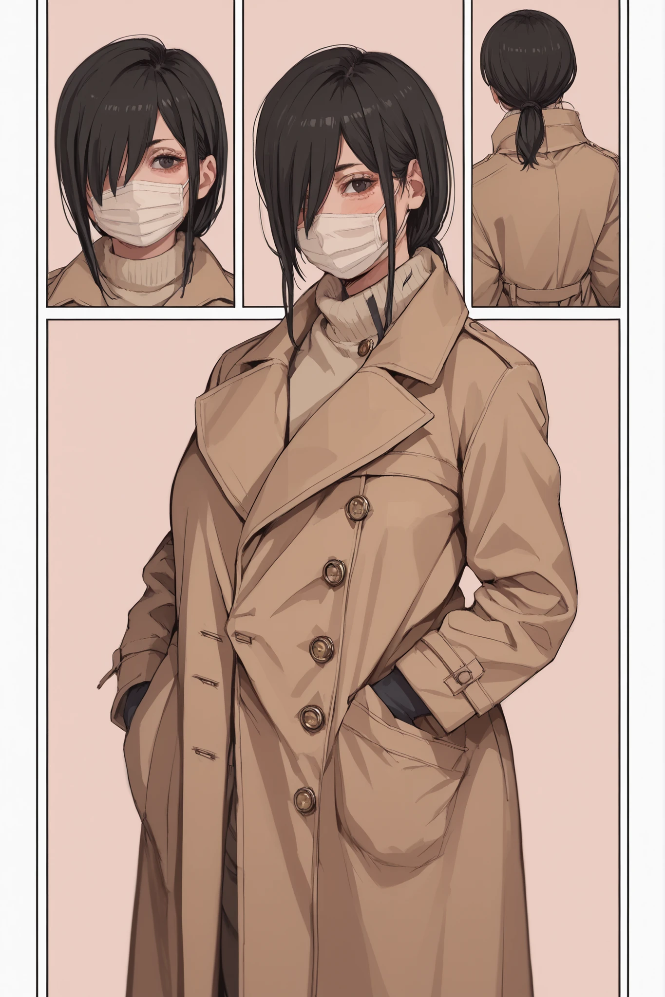 1 plump girl, Kuchisake-onna, long black hair, hair over eyes, black eyes, blush lines, mouth mask, voluptuous, beige trenchcoat, simple background, hentai comic, frames, multiple views, multiple frames, assi