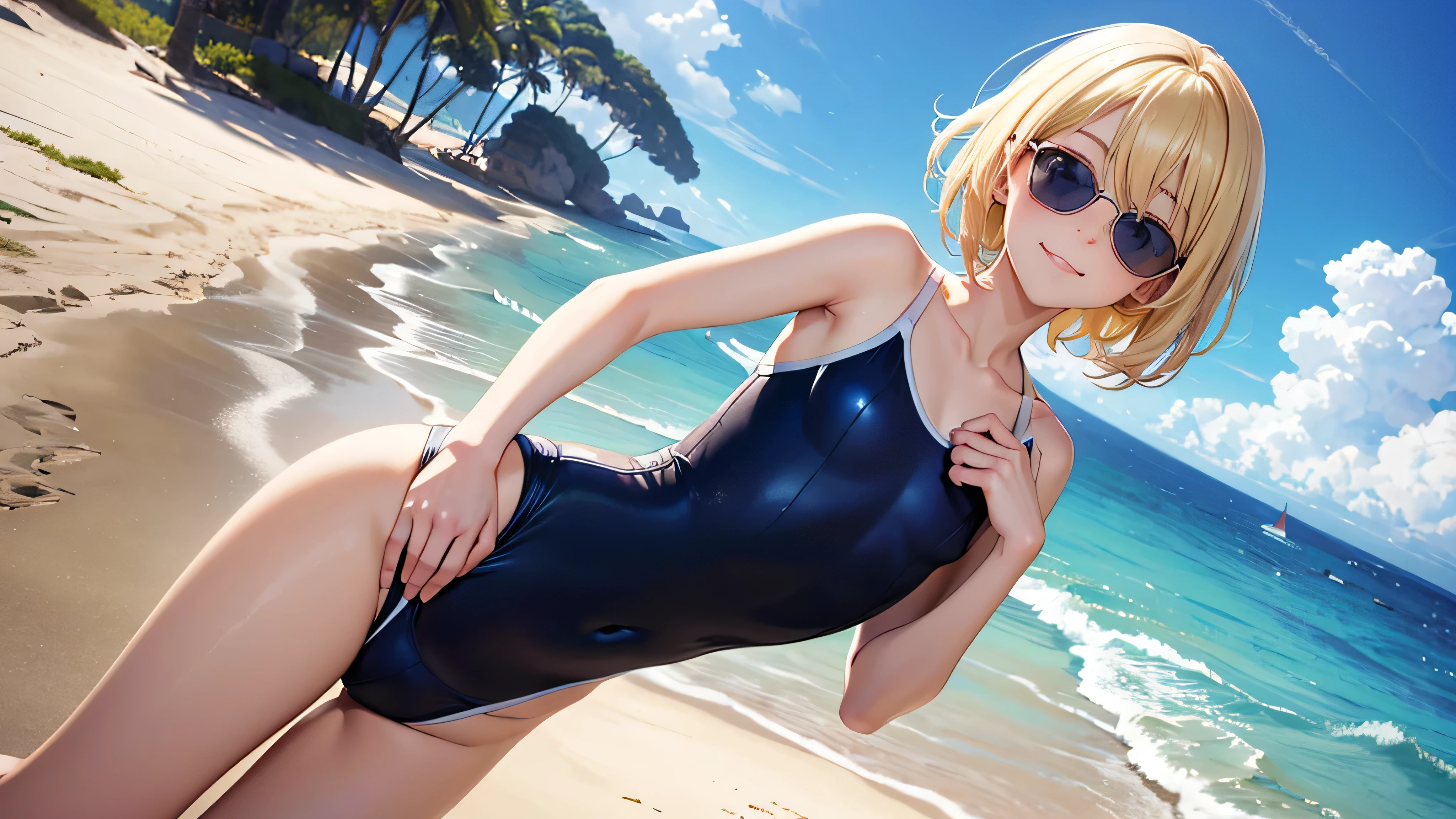 (RAW photo:1.2, photorealistic:1.3), masterpiece:1.4, best quality:1.3, Highest details:1.3, beautiful and aesthetic, extremely detailed CG unity 8k wallpaper,( vibrant colors:1.1), high resolution, thin white school swimwear, one-piece swimwear, anime visual of a cute girl, official character art, anime girl, official art, single character full body, anime full body illustration, full body portrait of a short!, female anime character, as an anime character, a-1 pictures, full body with costume, rei hiroe, anime best girl, blond bob hair, on the midday outdoor  poolside, dynamic pose, (cameltoe:1.2), smile, 