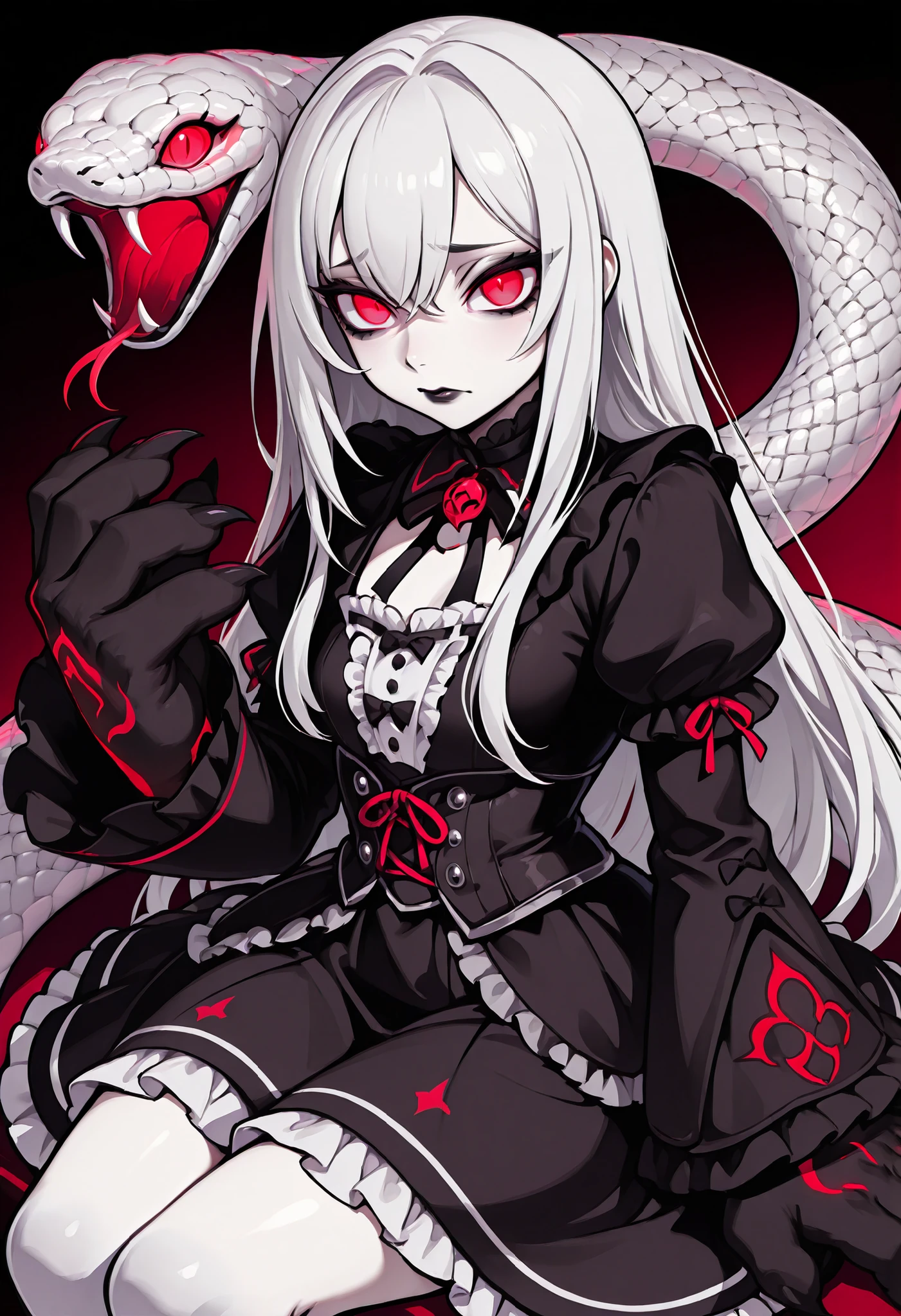A girl in a gothic dress. White hair. Long hair. One-sided. Worried eyes. Glowing red eyes. Black lips. Black costume. White frills. Big hands. Sharp claws. Sitting. A snake nearby. A big snake.