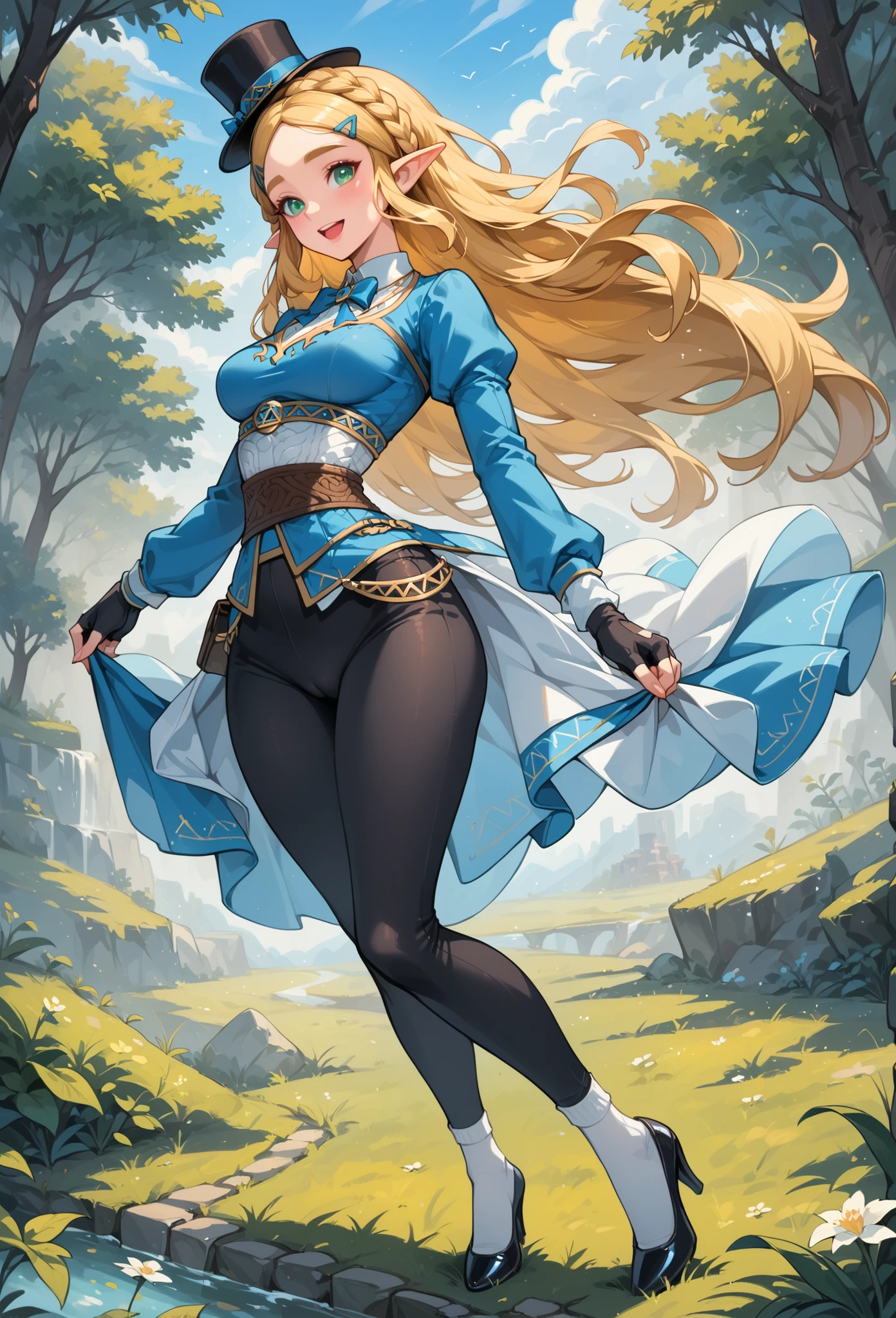 (extremely fine and beautiful:1.1), (perfect details:1.1), (finely detailed eyes and detailed face:1.3), ZeldaSDXL, Princess Zelda, narrow hips, medium breasts, slender thighs, small ears, pointy ears, braid, hair ornament, hairclip, gloves, black gloves, fingerless gloves, blue shirt, shirt, long sleeves, crown braid, bangs, greeneyes, parted bangs, pants, black pants, blonde hair, long hair m, long hair,, thick eyebrows, jewelry,, belt, tight pants, tight, puffy sleeves, ( lost path), black Mary Jane tap heels, with white socks, while tap dancing laying down and spreading her legs, black top hat on her head, , showing her pussy, blue bow tie with a white collar around her neck, full body, flirtatious smile, moaning, beautiful natural makeup, blue bows on the front part of her tap shoes