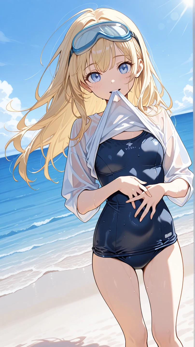 ((masterpiece、4K、8K、highest quality: 1.perfect fingers: 1.perfect anatomy: 1.3、background blur))、((Super precise expression))、,((16 years old、thin、small face、super beautiful girl、blonde、straight long hair))、((Blazer school uniform one piece swimsuit、barefoot)):1.3、barefoot、cute eyes:1.1、(Blushing and embarrassed:1.3)、(Are standing、whole body:1.5)、(Summer blue sky、sunlight、white sand beach)、