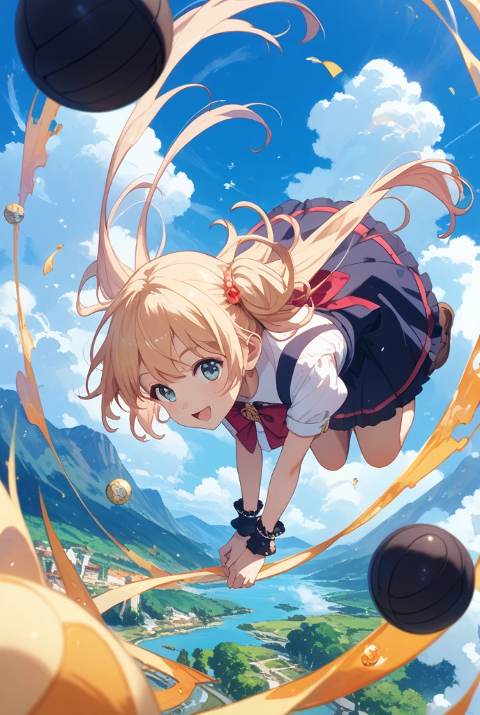 playground、with blue sky and white clouds、Long hair and big eyes、Short skirt for school uniform、big laughter