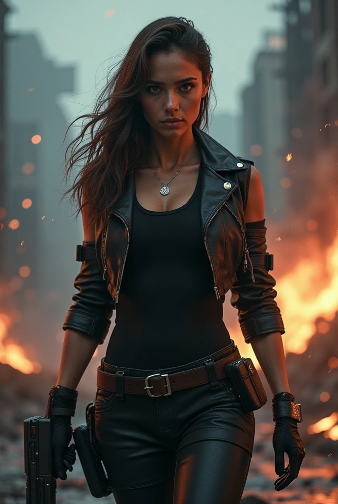 background has a name reading IVY, red eyes, long hair, holding a big gun, 23 year old woman, highest image quality, fiery background apocalyptic