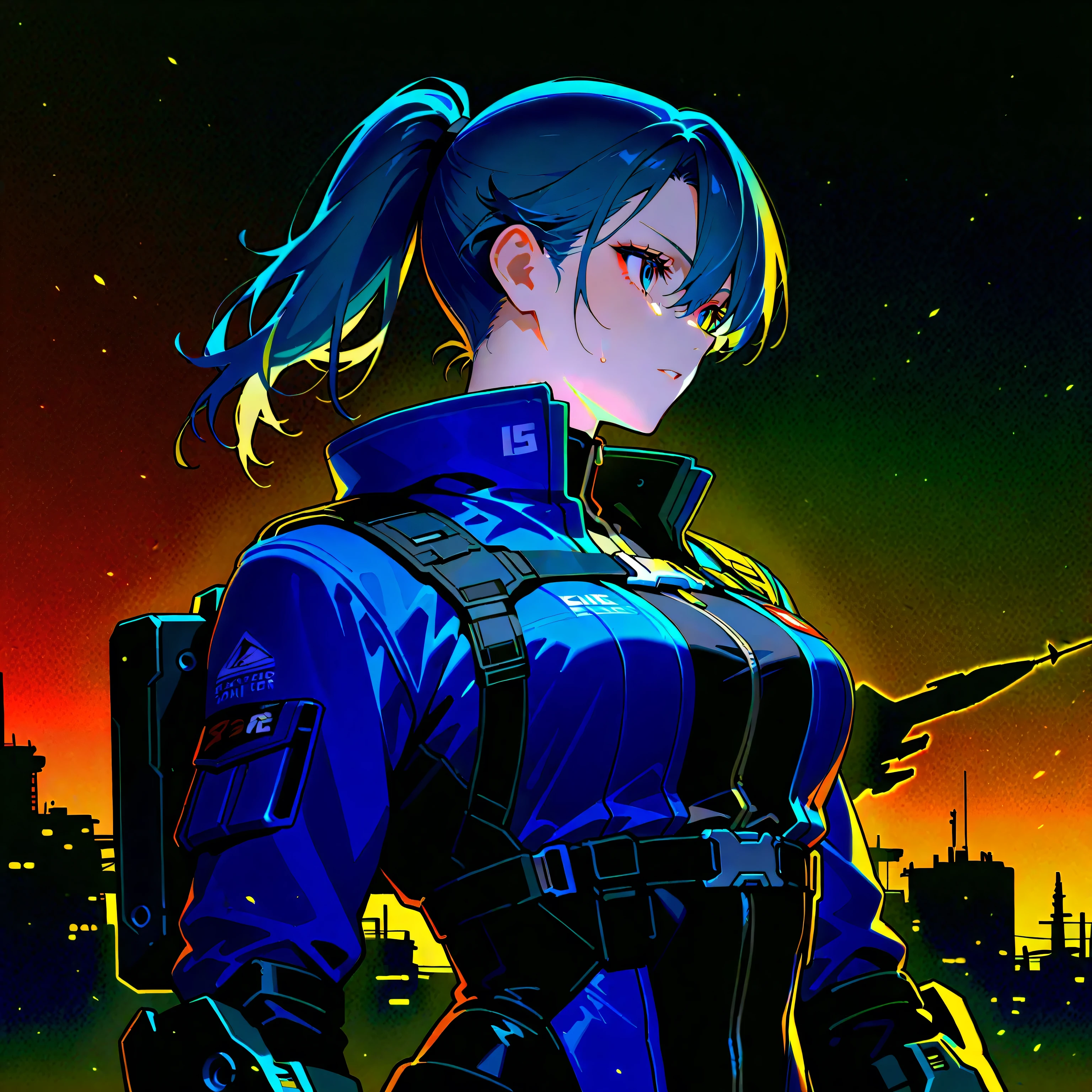{{upper body}} {{Artist: sincos}} 1 woman, sharp and sexy female, black hair, long hair, hair in a ponytail, lidded eyes, electric blue eyes, no smile, lithe body, tall, black turtleneck shirt, harness, cargo pants in military print, training grounds, standing, hand on hip, dark ambiance, dark lightning, war, pov, good quality.