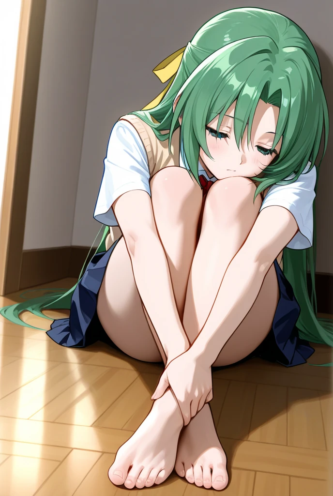 (original character, unity 16K wallpaper, masterpiece, best quality, ultra-detailed, extremely detailed cg, caustics, cinematic lighting, beautiful detailed eyes, solo, sexy woman), expressive eyes, perfect face, a drawing of a girl with a ponytail sitting on her feet, beautiful anime girl on knees, (seen from behind:1.3), (seen from above), seductive anime girl, wearing black onsieskirt, anime style, anime artstyle, the anime girl is crouching, pigtail, thicc, clean detailed anime art, in an anime style, cute art style, anime art style, beautiful anime art style. simple background, bedroom background, atmospheric background.
