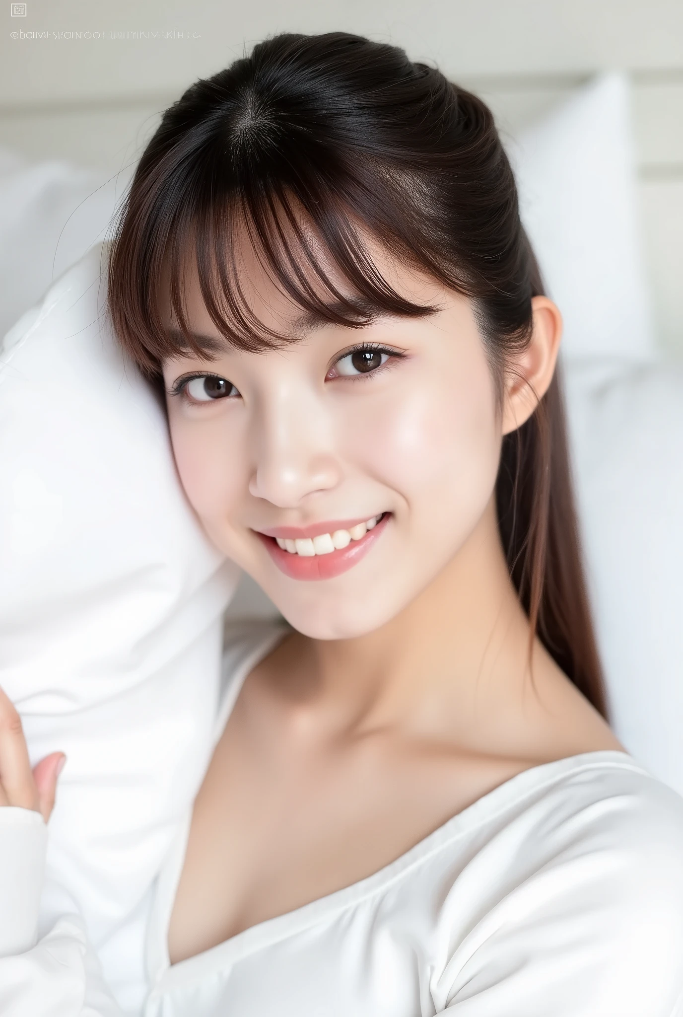 Female in her 30s、one bun hair, Face without makeup, silky white skin, on the beds、look happy、Wearing a white camisole