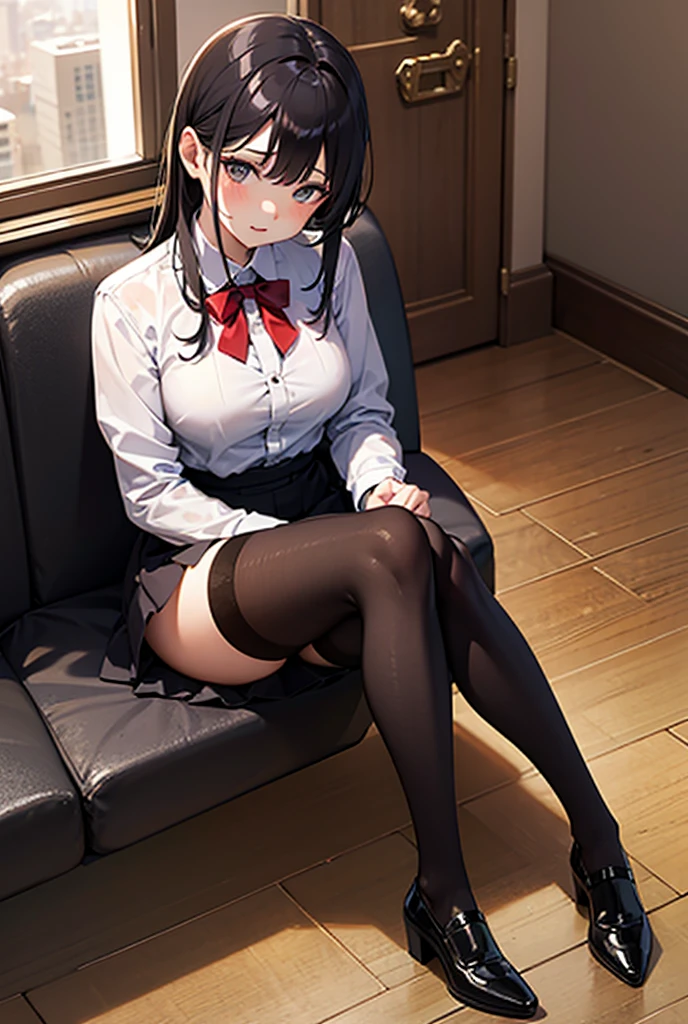 Top quality, masterpiece, High resolution, (Head to toe full body), front, frontやや下からの構図, Symmetric, Tall 18 year old girl, alone, (Head to toe), (Small breasts), Unkempt brown hair, bangs, (black tights), (Black Pantyhose), (Sit with your legs apart), (Crouching pose), (A composition showing white panties), (Her legs were spread、I see your white pants.), (I was made to sit on the floor with my legs spread..), (M-shaped legs), Thin legs, A very beautiful and tall 18 year old girl, (No shoes), blush, Shy big eyes, looking at the camera, Blazer Uniform, Checkered Pleated Skirt