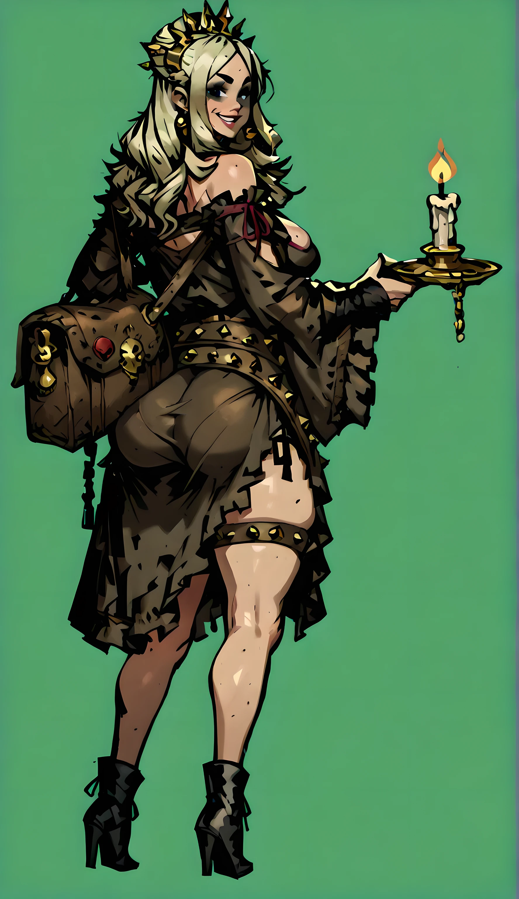 darkest dungeon game style character, game asset, a drawing of a female with a candle and a bag of gold in hand, american, thight high leather boots, huge breast, gorsette, black shaded eye, greedy, greedy smile, long blond curly hair full, gigantic hips, thin waits, very curvy, huge ass, black laced stockings, gerter belt, micro dress.