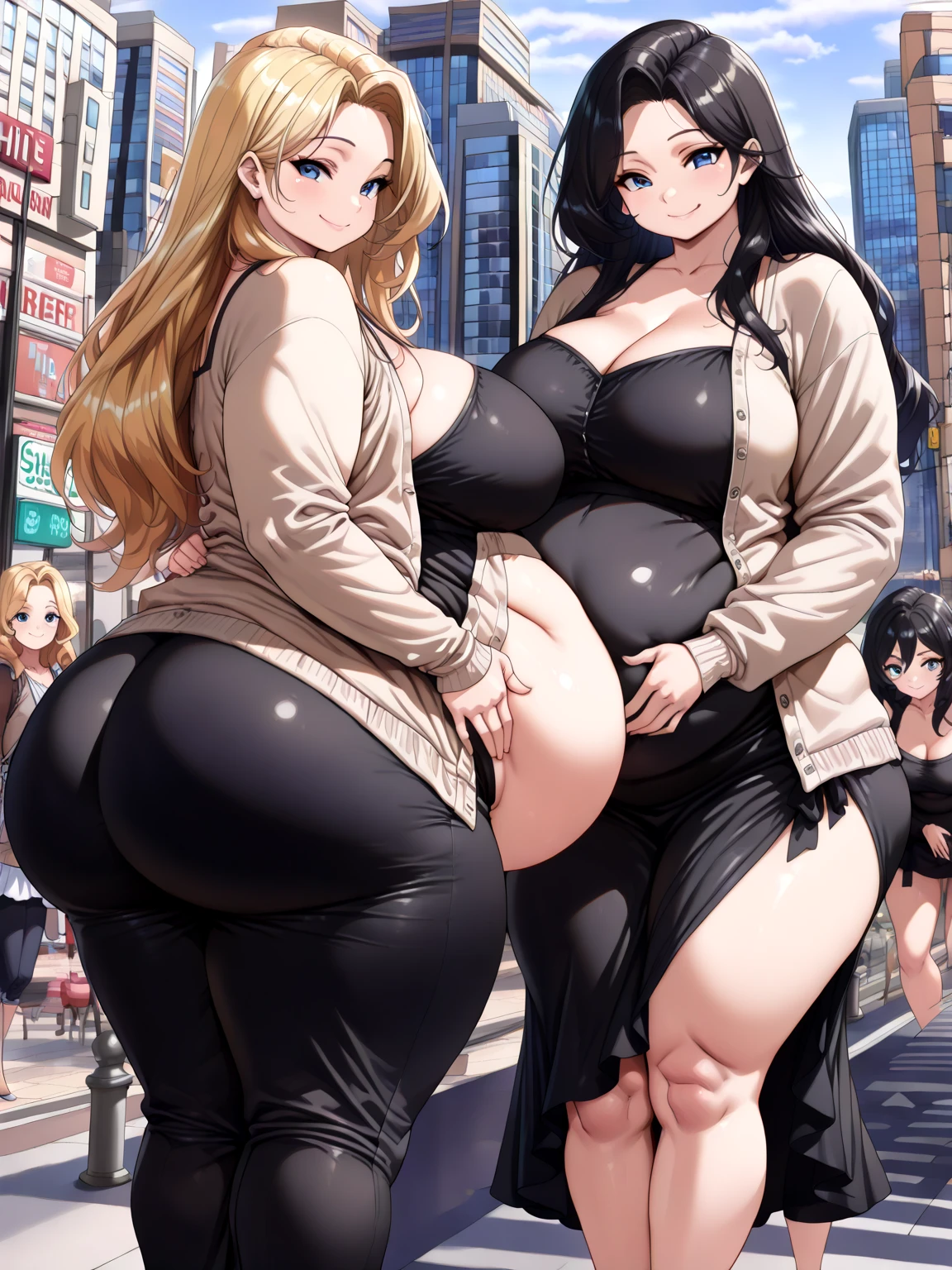 Anime woman Enormous bloated expanding diaper mess, huge bloated pregnant belly, huge overflowing breast, orgasm relieved expression, butt toward viewer