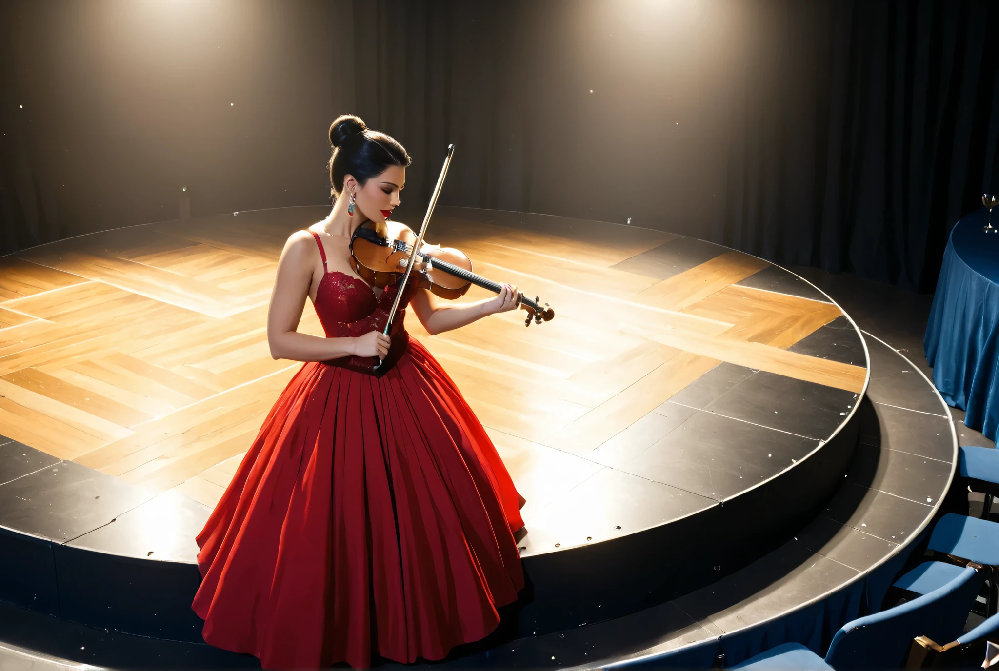 A stunning woman with sleek black hair styled in a classy low bun, wearing a deep red satin evening gown with lace detailing and a dramatic slit, stands on a circular golden stage at the center of a majestic concert hall. The viewpoint is low and angled upward, emphasizing her dominance as she plays the violin with poise and elegance. A strong, focused spotlight from above isolates her figure against a darkened surrounding, while the rest of the stage and audience remain subtly lit in soft shadows. Hundreds of audience members encircle the stage in dim rows of velvet seats, forming a grand but respectful silence around her, enhancing the emotional impact and theatrical intensity of the performance.