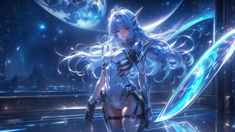 8k, highest quality, (real:1.4), Original photo, 1 girl, Asari Hair, Biological Amplifier, refined armor, posture: Peace talks between warring factions,attention arousal, smart blue eyes,Blue big moon and blue light swirl in the background,Blue halo,
