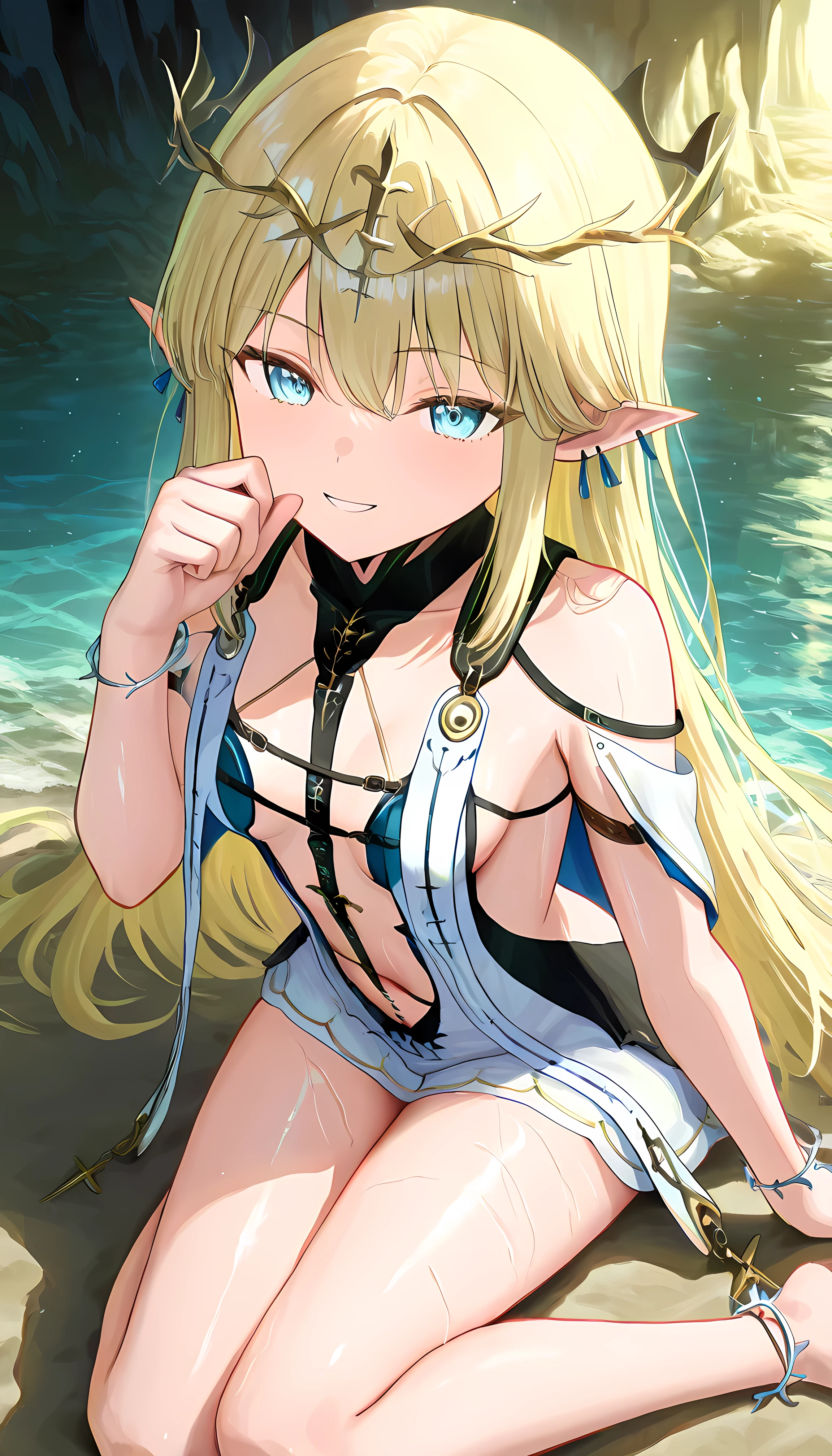 score_9, score_8_up, score_7_up, score_6_up cave 、(very well detailed), (4K), Cold Light 、 clear / clearた空 、water 、fair texture 、1 girl、 Cartetia , crown, earrings, band, bracelets, anklet, is sitting 、wet、big smile、、( Gold:1.hiny Eyes , beautiful eyes on my stomach, fascinating, erotic, Shiny Skin Thighs, sexy, Shining Eyes, (cute illustration:1.3), (high chroma:1.3), detailed beautiful face and eyes, dynamic lighting,, masterpiece,best quality, great quality, anime, stare at the viewer,,ray tracing,,Pose, headrest, lies to Vibra, Crawling, cross your legs, legs in Shibafu,
