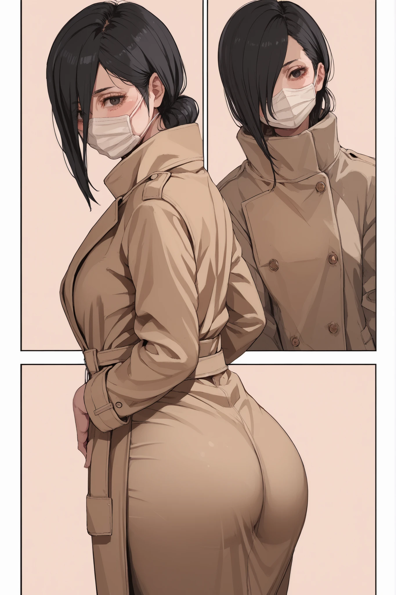 1 plump girl, Kuchisake-onna, long black hair, hair over eyes, black eyes, blush lines, mouth mask, voluptuous, beige trenchcoat, simple background, hentai comic, frames, multiple views, multiple frames, ass