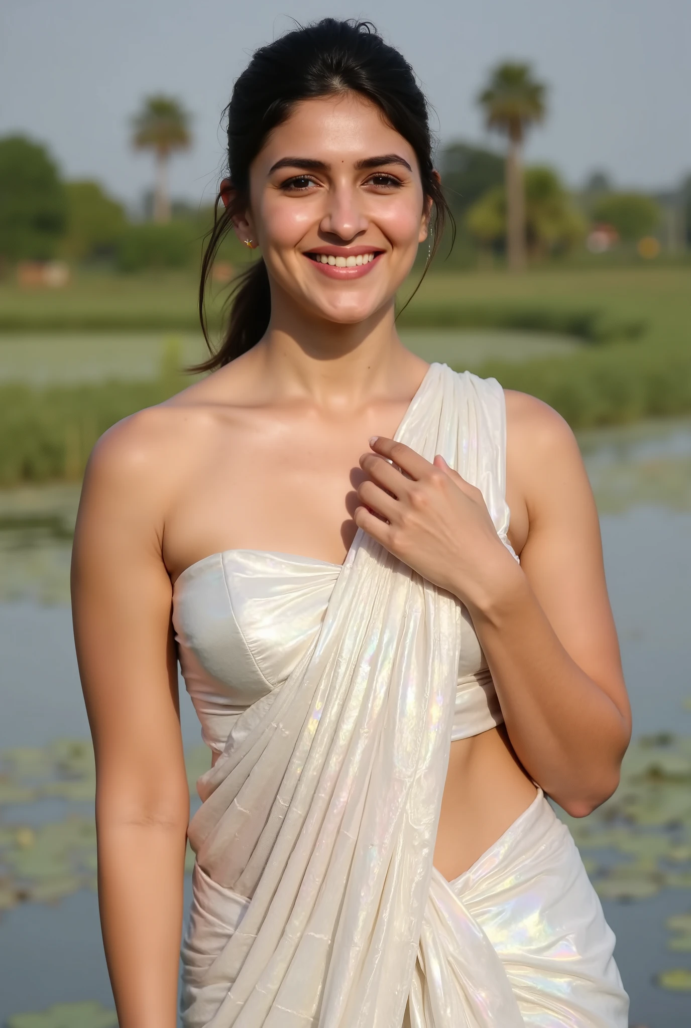 iridescent pearl white twisted strapless blouse and saree, navel, busty, hourglass figure,sweaty waist, tied hair, smirk, busty girl, bare shoulder, strapless, big breasts, very huge burst, iridescent saree, near Lake