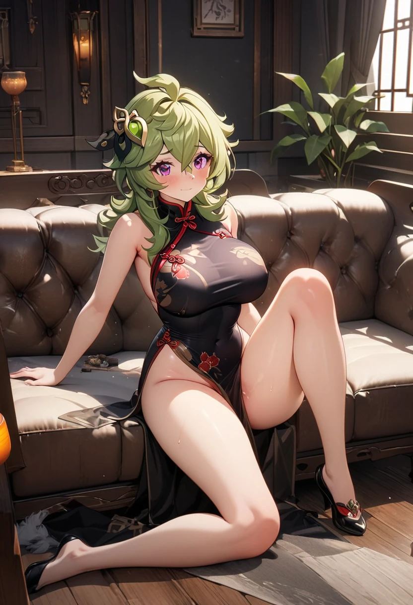A woman wearing a luxurious sexy black dress, wearing a green fur cape, green hair, red bangs, multicolored hair, long hair, red eyes, smiling, perfect lips, standing upright, with a precious green necklace around her neck , perfect eyes, in a high point of a city, with a view of a large city in the background at night, several background lights, big breasts, (Azur_lane, RN_Littorio)UHD , masterpiece, accurate, anatomically correct, textured skin, super detail, high quality, best quality, 8k, high resolution, bokeh effect.