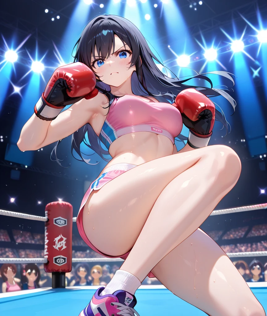 An ultra-detailed full-body illustration, style of 1980s Japanese comics, 8k resolutions, 1girl, solo, Sharp Focus, slender leg, Characterize by alluring, The character has striking pink hair, Perfect Figure with pale skin and a slender physique. she soaking wet, She is training intensely in a boxing ring, wearing white mesh crop-top with no bra, white sheer t-back bikini with no pant, black open-finger boxing gloves, and sneakers, bra comes off, nipples, highlight breast, wet clothes, wet body. The scene is vibrant with retro colors and dynamic lines, capturing the intensity of her workout while blending a sporty, fashionable, and retro aesthetic.