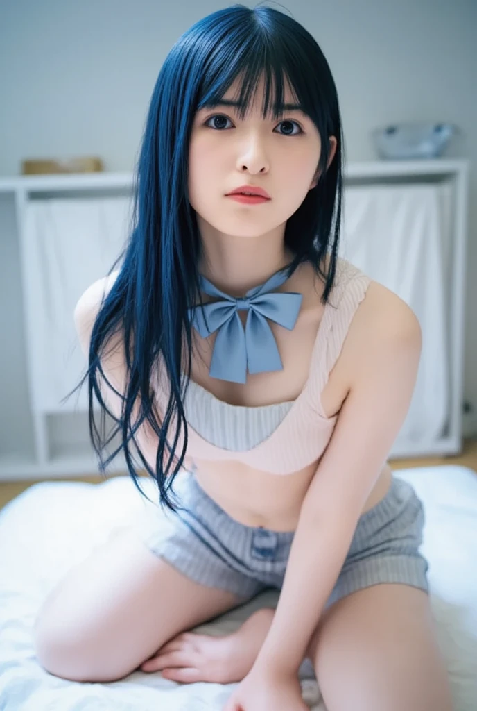 Roxy_Migurdia(Mushoku Tensei)、1 girl, Masterpiece、top quality、Naked, embarrassed, a tear, Blue eyes、crimson blue hair、double large braid, {underwear}、{half naked}、{tranquility}、{Panties on}、{{small}}、Satori、{{sexual}}、open legs, (((flat chest))) 